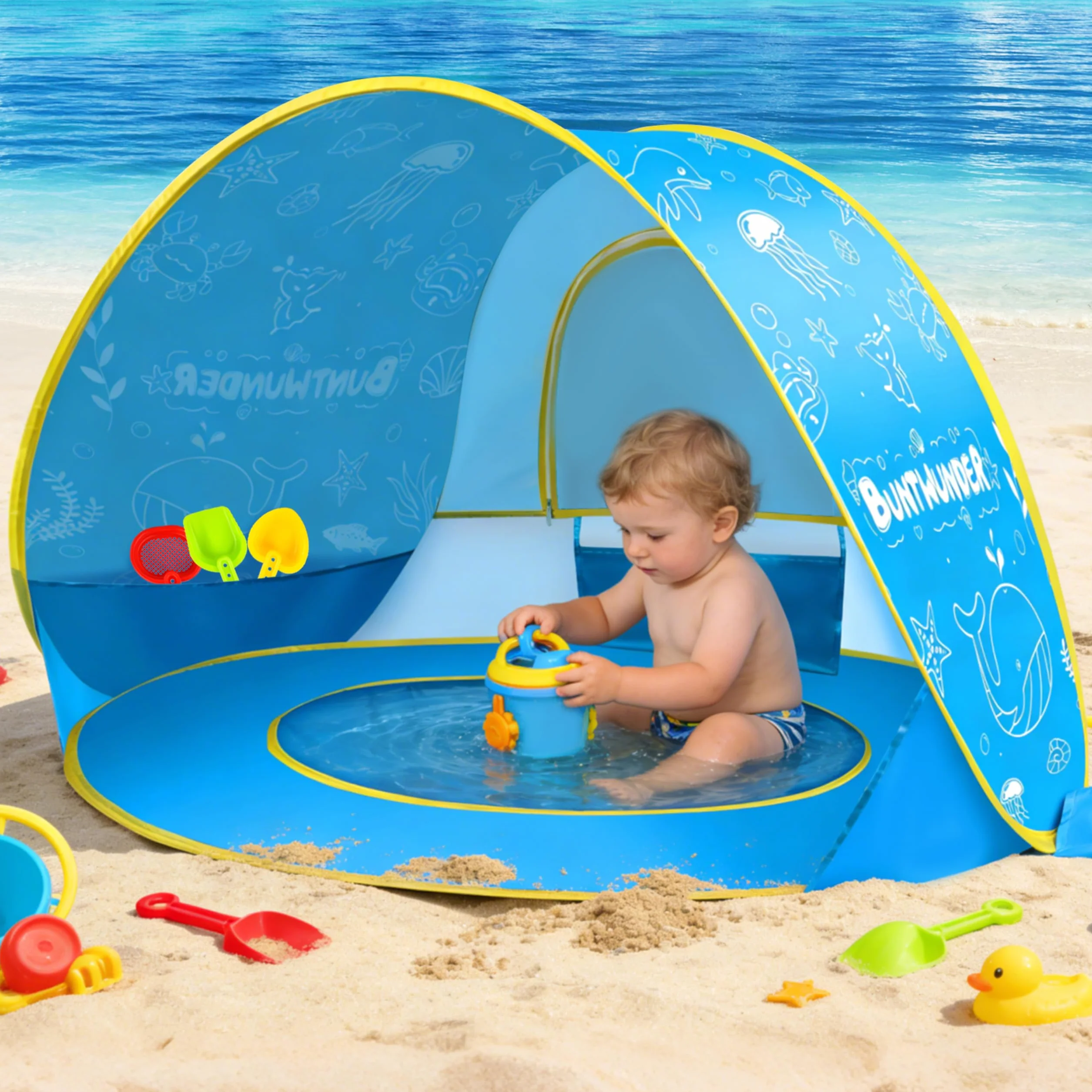 JONRRYIN Tenda da Spiaggia Bambini Pop-Up, Tenda Spiaggia con Mini Piscina, Tenda da Spiaggia Portatile Protezione Solare UPF 50+, Ideale per Viaggio in Spiaggia Campeggio (Blu)