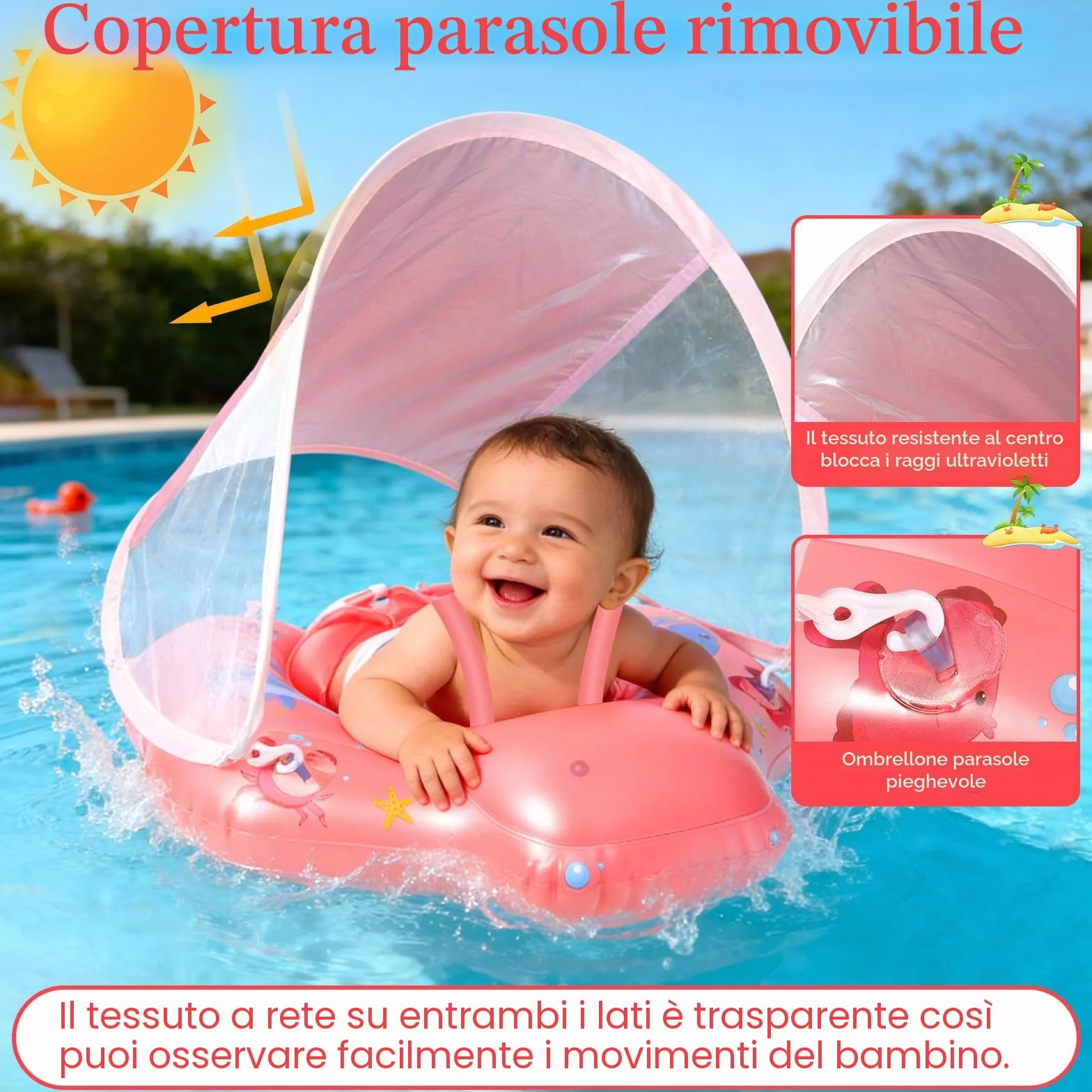 Piscina Salvagente Bambini Gonfiabile, Salvagente Neonato 1-3 anni, Salvagentes Neonato con Parasole e Seggiolino di Sicurezza, Anello di Nuoto Bambini UPF50+ Protezione UV(Rosa)