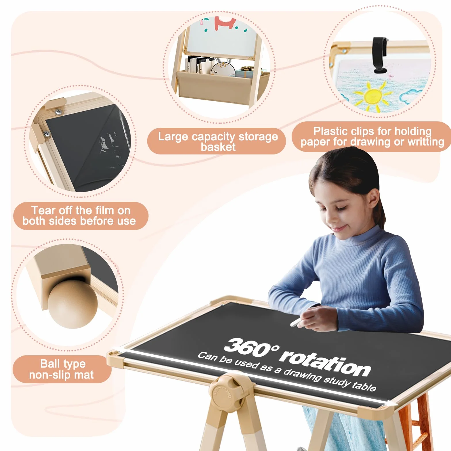 Lavagna per Bambini 3 in 1 Cavalletto Artistico Doppia Faccia Regolabile Altezza Girevole 360° con Lettere e Numeri