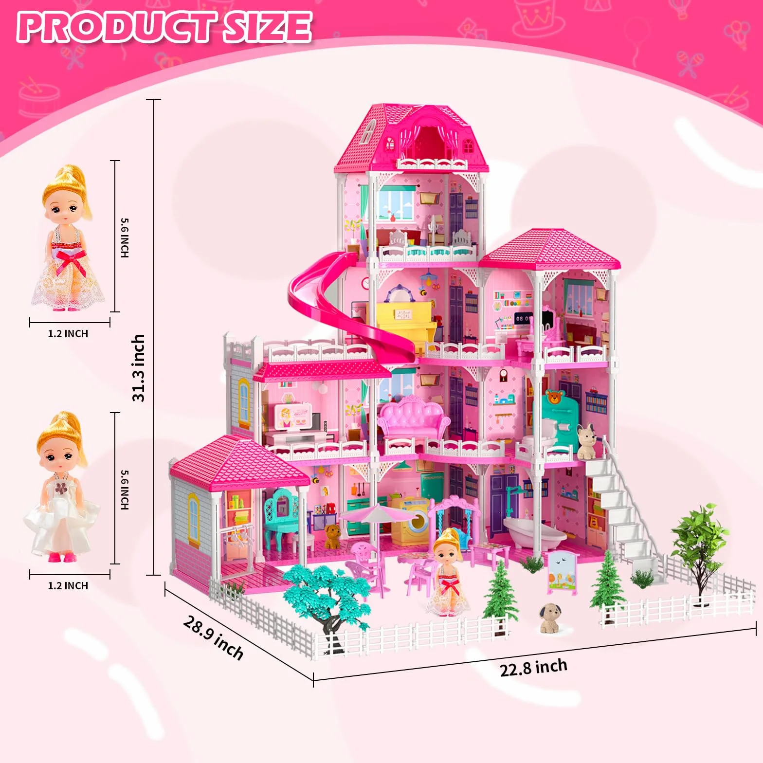 Doloowee Casa delle Bambole Grande con Scivolo per Bambine 3 4 5 Anni | Casa delle bambole a 4 piani e 10 stanze, di mobili e una ricca serie di accessori, regalo per bambine di 3, 4, 5 e 6 anni