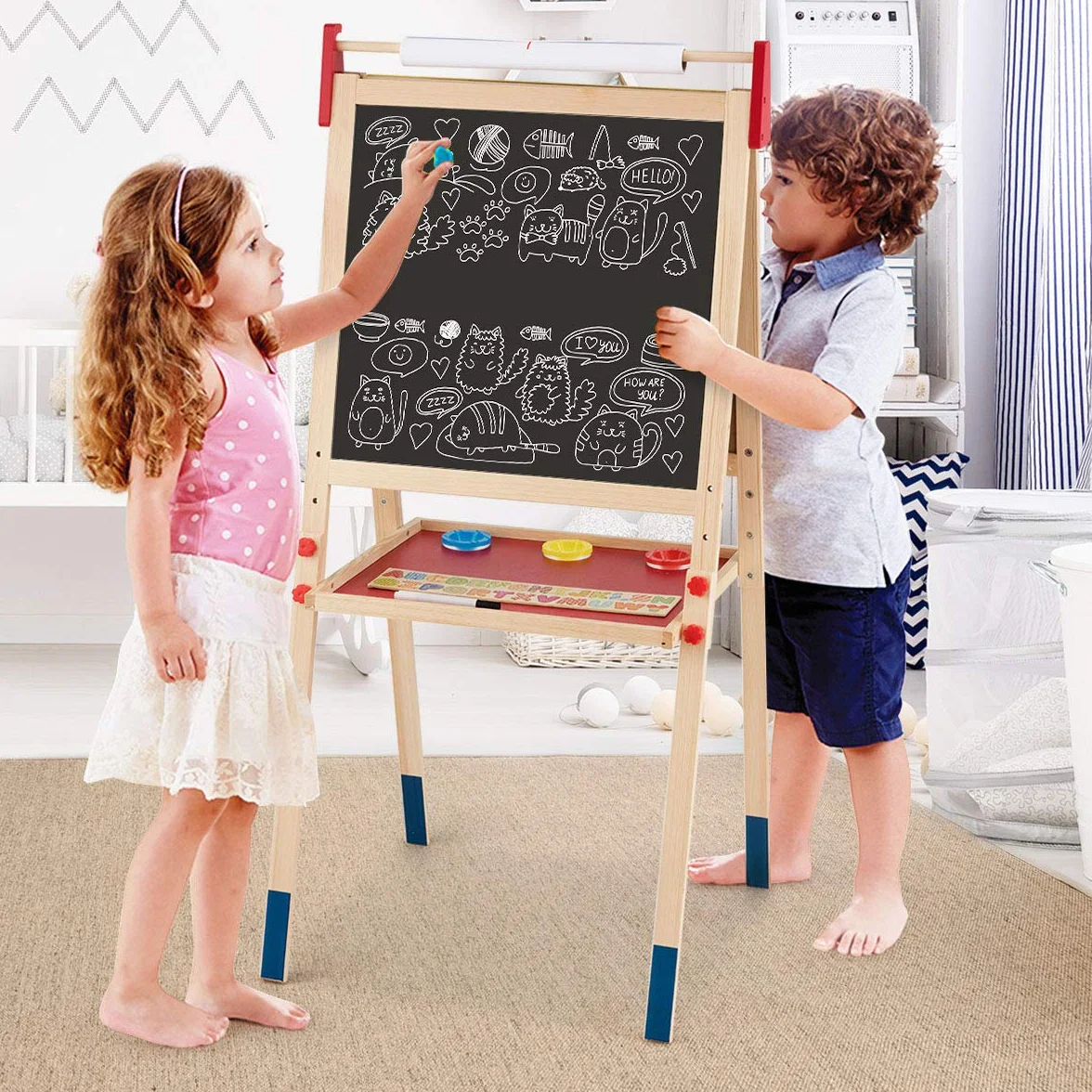 COSTWAY Cavalletto per Bambini 3 in 1, Lavagna Bifacciale, Legno (60x55x112,5-124,5 cm)