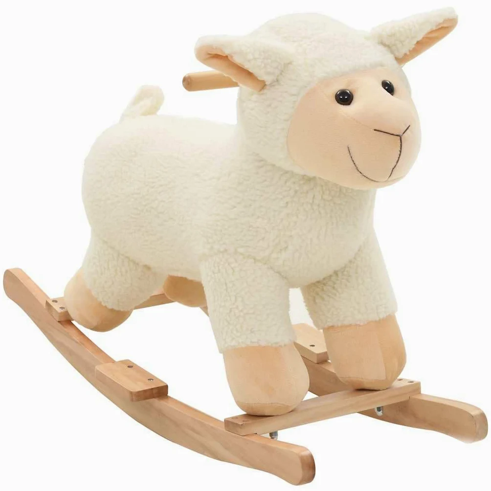 Pecora a dondolo con base in legno e morbido rivestimento in peluche, cavallo a dondolo per bambini da 12 a 36 mesi, 78 x 34 x 58 cm