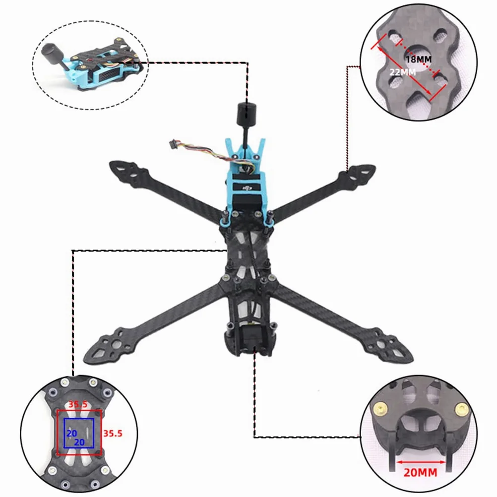 Telaio per drone da 5/6/7" in fibra di carbonio 225/260/295 mm Rack compatibile con MAK4 O3 Air Unit Drone pezzo di ricambio (6")