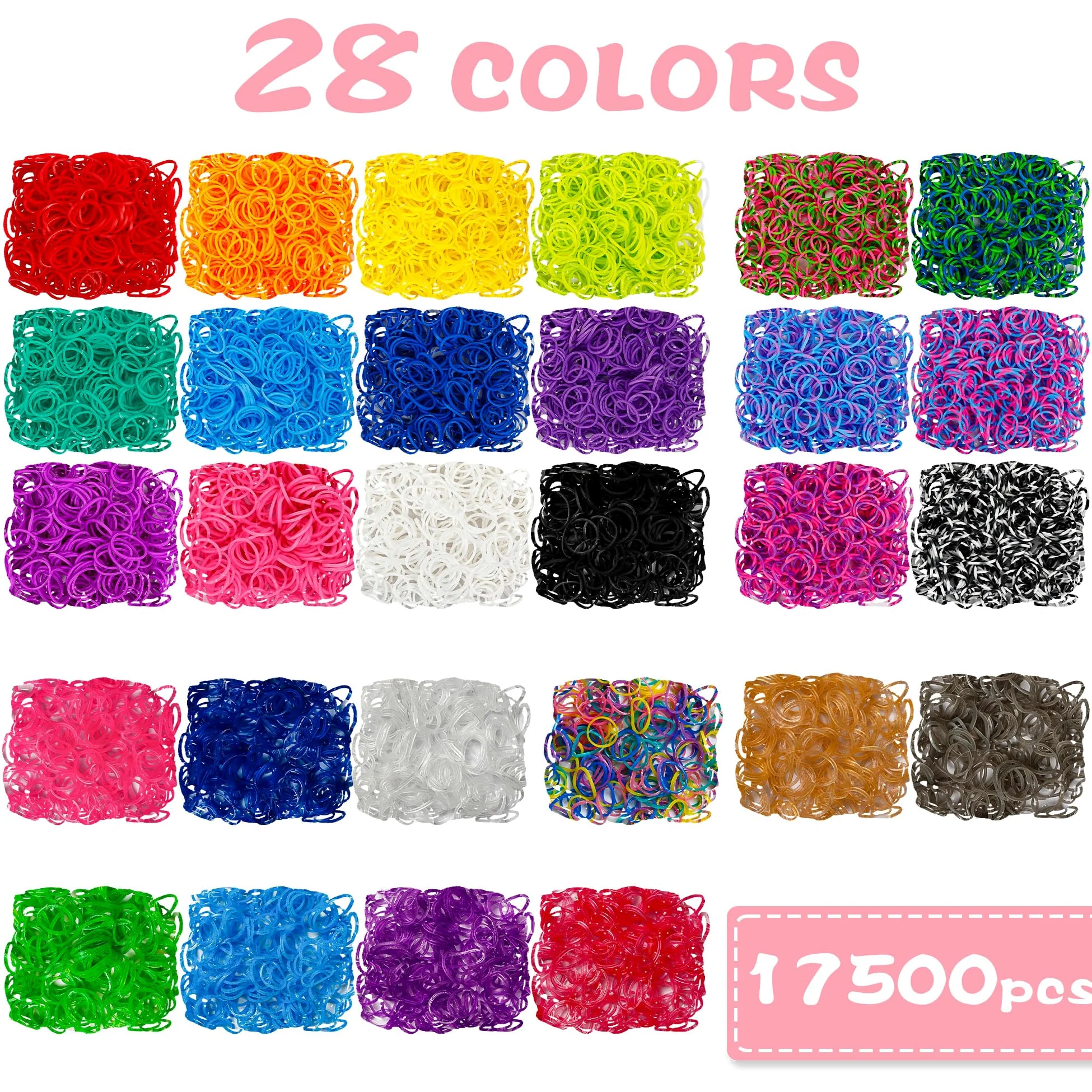 INSCRAFT 17500+ elastici in gomma con contenitore rosa a 3 strati, 28 colori, 600 clip a S, 352 perline, 40 ciondoli a forma di cartone animato, kit di ricarica per braccialetti per bambini