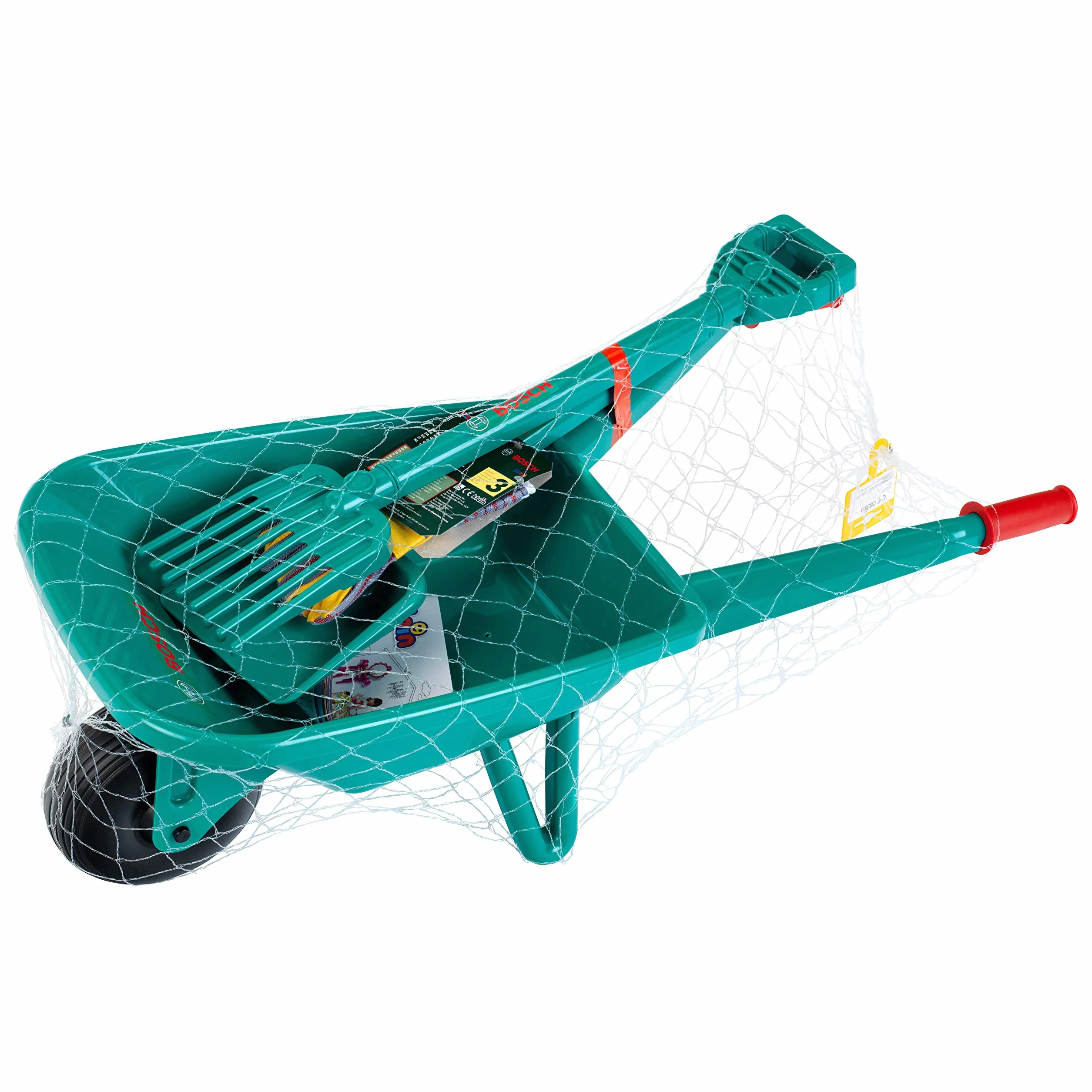 Theo Klein Bosch 2660 - Set da giardino con carriola, con pala, rastrello e guanti da lavoro, dimensioni: 70,5 cm x 34 cm x 33 cm, giocattolo per bambini dai 3 anni in su