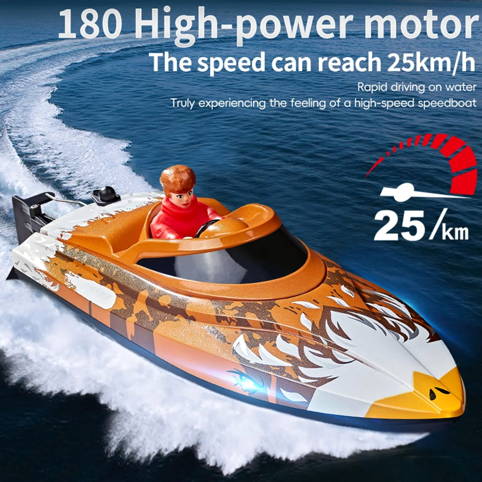 Barca telecomandata, 25 km/h, barche da corsa Speedboat ad alta velocità, barca RC da 2,4 GHz con luci LED, allarme a bassa tensione, ripristino automatico con un clic (marrone)