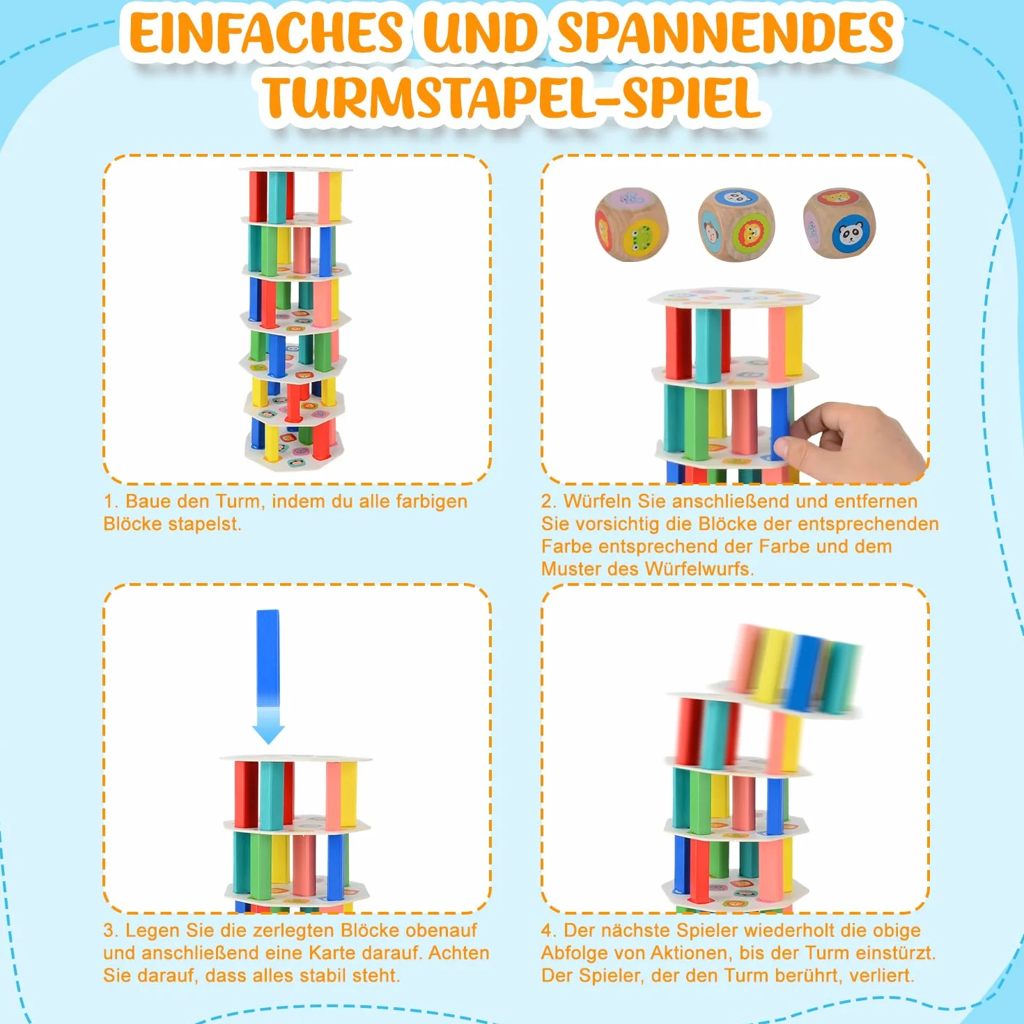 Torre Oscillante Impilabile in Legno, Gioco Educativo 4 in 1 per Bambini 3+ Anni, 75 Pezzi Blocchi Costruzioni Equilibrio, Gioco da Tavolo di Abilità, Bambini e Famiglia