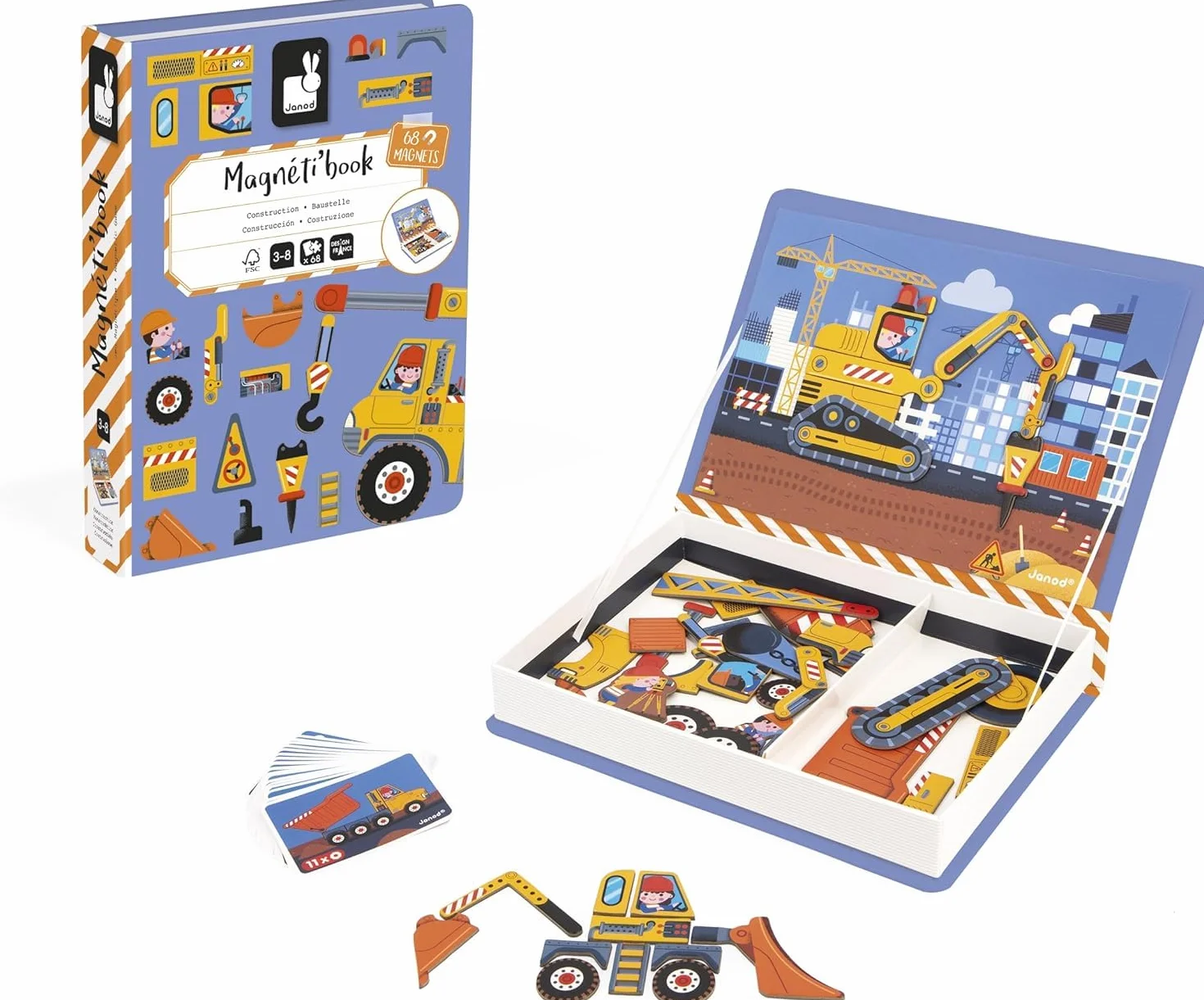 Janod Magnéti'Book Véhicules du Chantier, Gioco Magnetico educativo 50 magneti + 18 Modelli, Giocattolo in Cartone FSC per Bambini, Sviluppa la destrezza e l'immaginazione, da 3 Anni, J02526