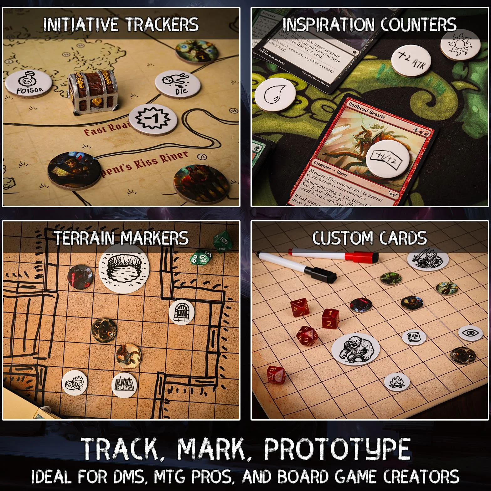 CZYY Set di Token Cancellabili a Secco per RPG - 192 PEZZI | Token Riutilizzabili Vuoti, Token delle Creature, Personaggi di Classe 5E con Penne Marker | Ideale per D&D, Pathfinder, TTRPG, MTG e