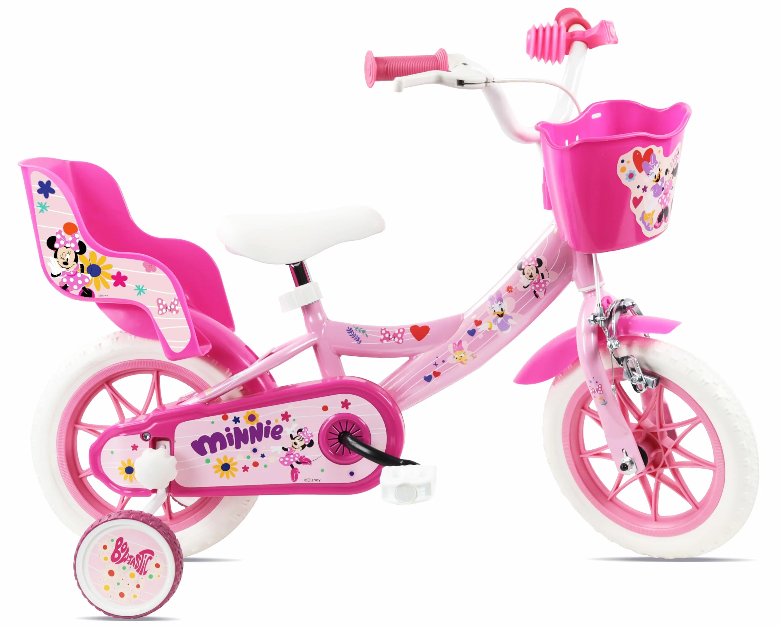 Disney Bicicletta da bambino 12' Minnie dotata di 1 freno, cestino anteriore, porta bambola posteriore, parafanghi, carter e stabilizzatori rimovibili senza attrezzi.