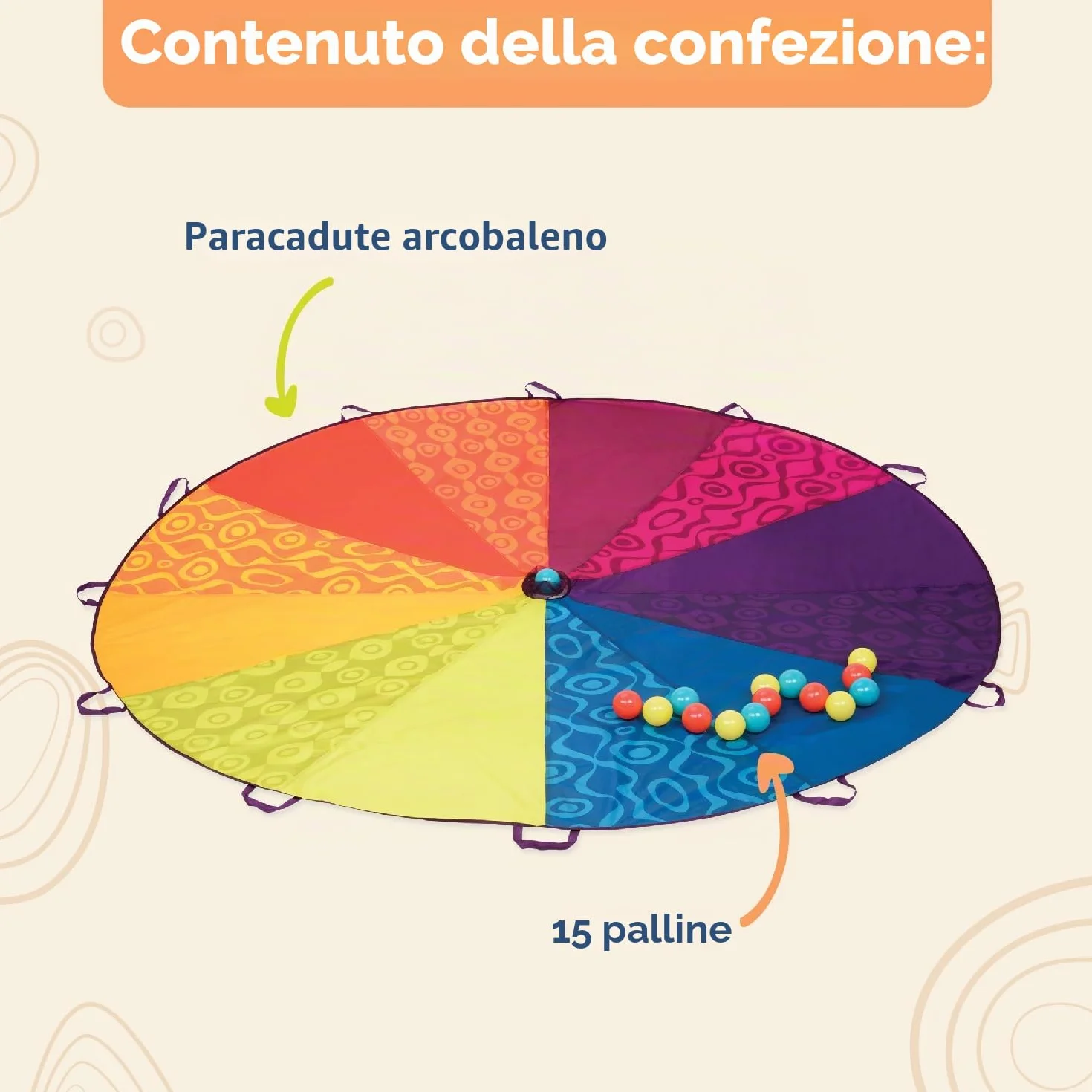 B. toys - Paracadute per Bambini - Giocare a Paracadute con 15 Palline Colorate - Tenda a Vento con 12 Maniglie - Giochi all'aperto per Bambini - 3 Anni +