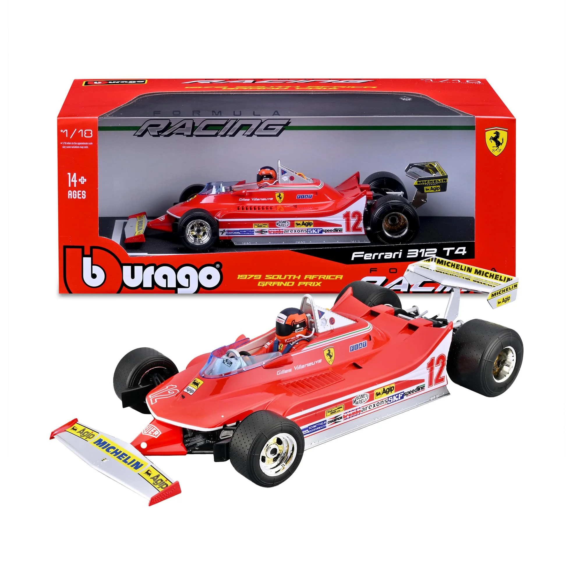Bburago - Ferrari 312 T4 GP South Africa Winner 1979#12 Gilles Villeneuve, Modellino Auto in Scala 1:18, Replica Storica con Pilota, Dettagli Curati, Licenza Ferrari, Età Consigliata 14+ Anni