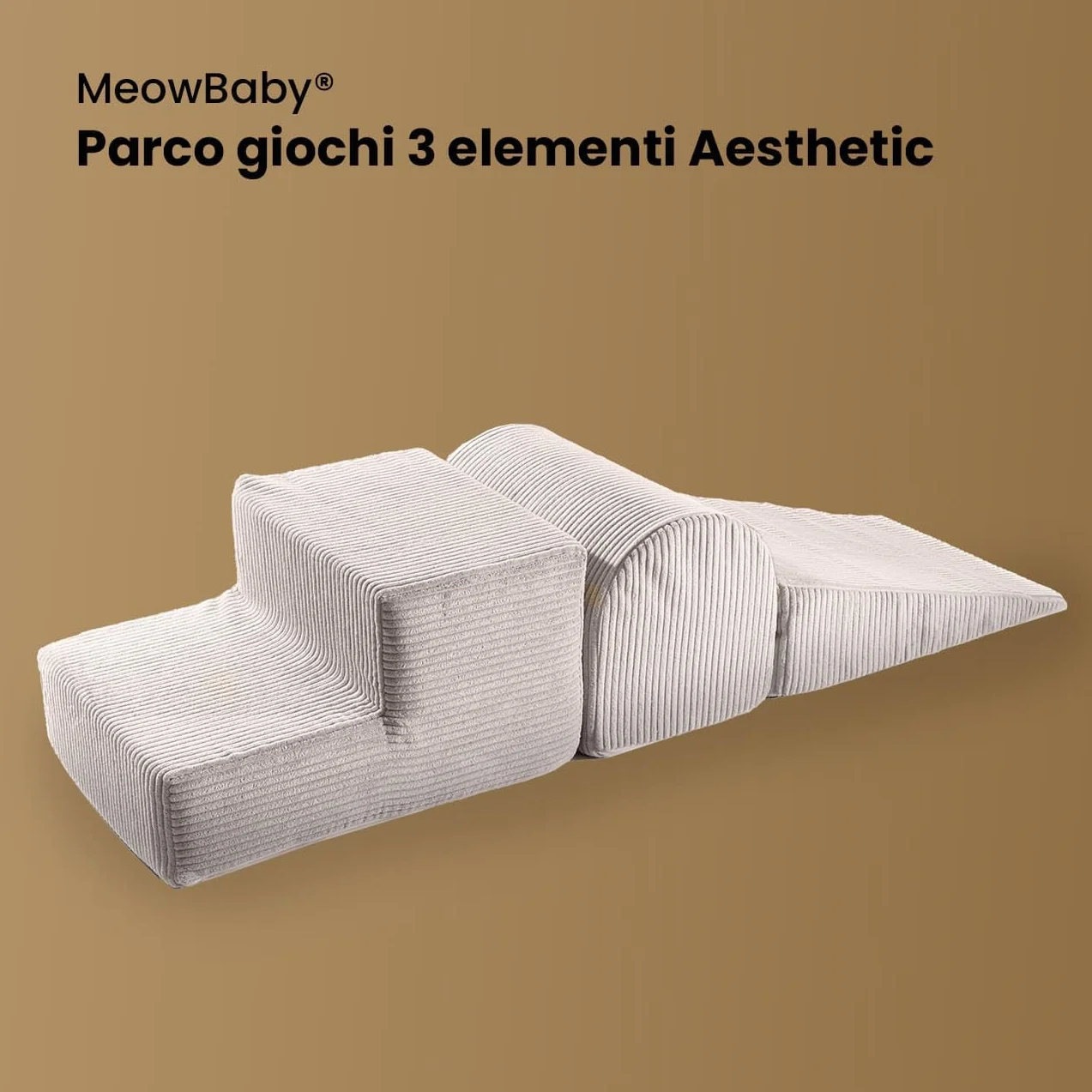 MEOWBABY Playset in Schiuma Morbida - Percorso a Ostacoli per Bambini, 3 Blocchi Modulari, Area Giochi Sicura e Interattiva 145x45 cm, Perfetto per Neonati e Prima Infanzia, Kord, Crema