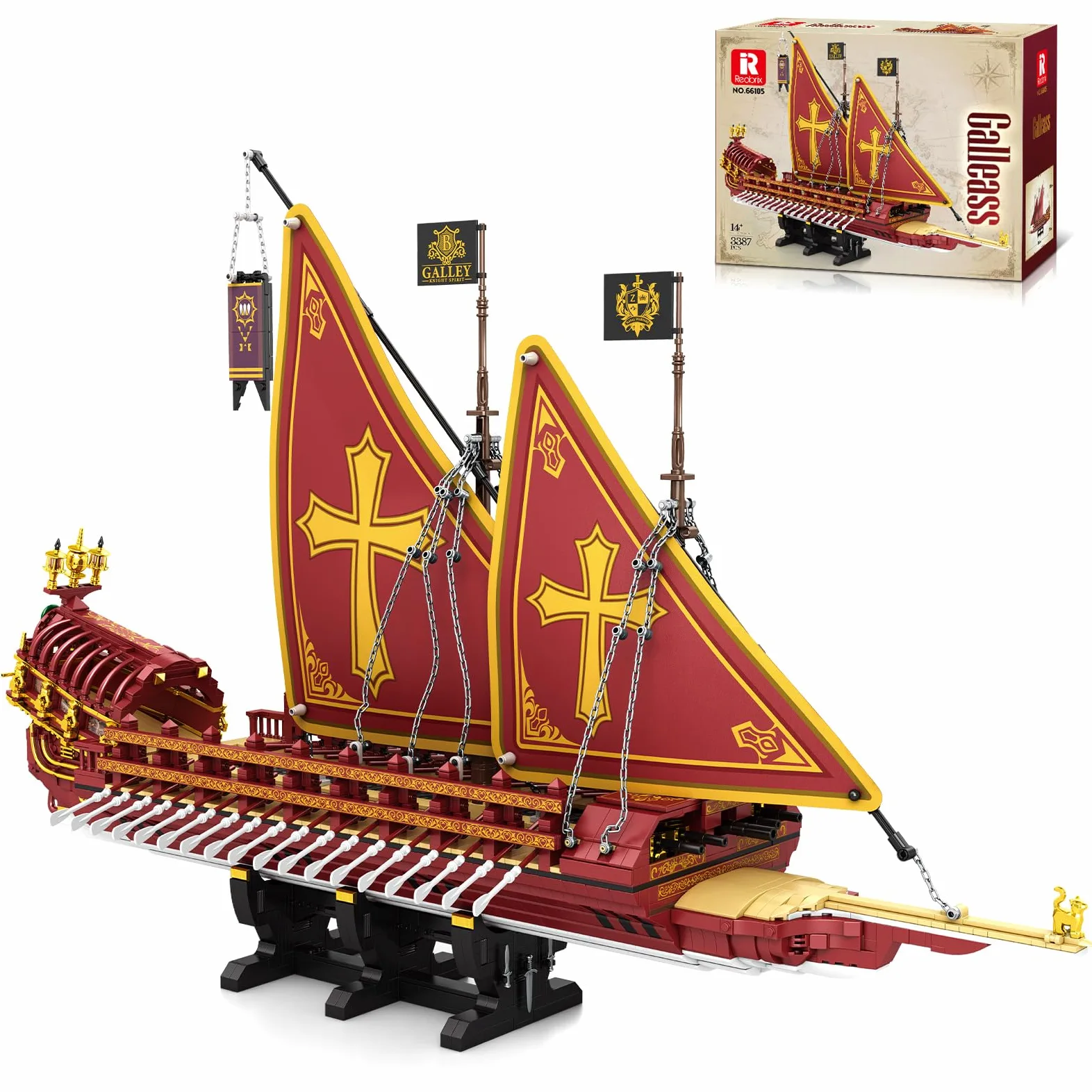 Reobrix Galley - Set di mattoncini da costruzione, modello di nave da guerra | Galeeren - Modellino di barca a vela per adulti, 3387 pezzi, 85 x 37 x 55 cm, set di mattoncini da costruzione