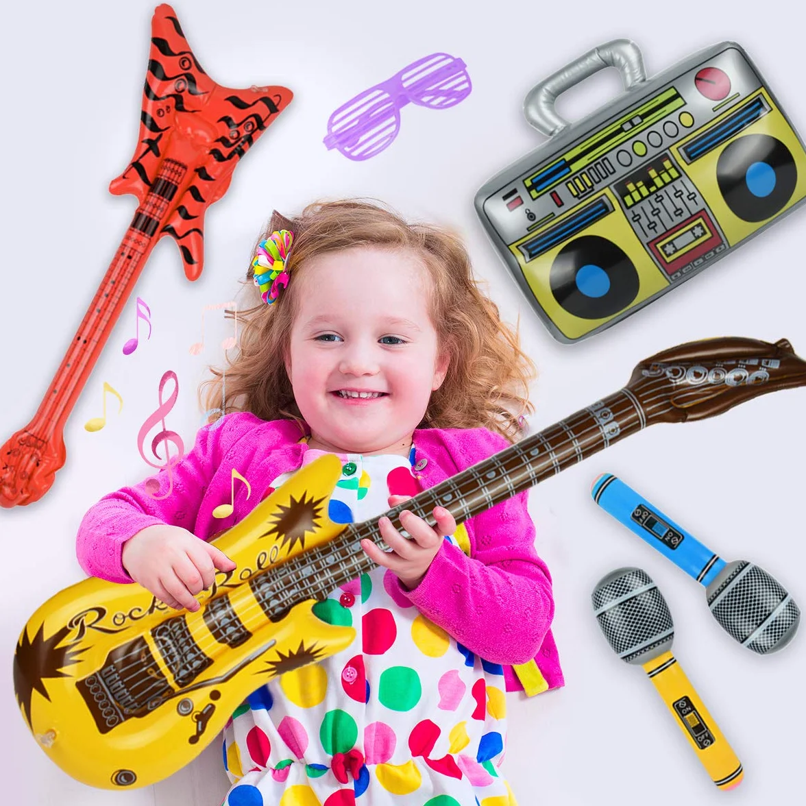 Chitarra Gonfiabile per Bambini 22 Pezzi Strumenti Musicali Gonfiabili Decorazione Feste Compleanno