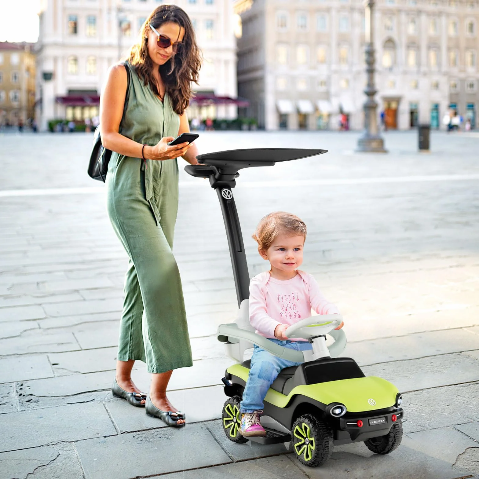 COSTWAY Volkswagen 3 in 1 Macchina Cavalcabile a Spinta per Bambini con Maniglione Regolabile Parasole e Musica 1-3 Anni