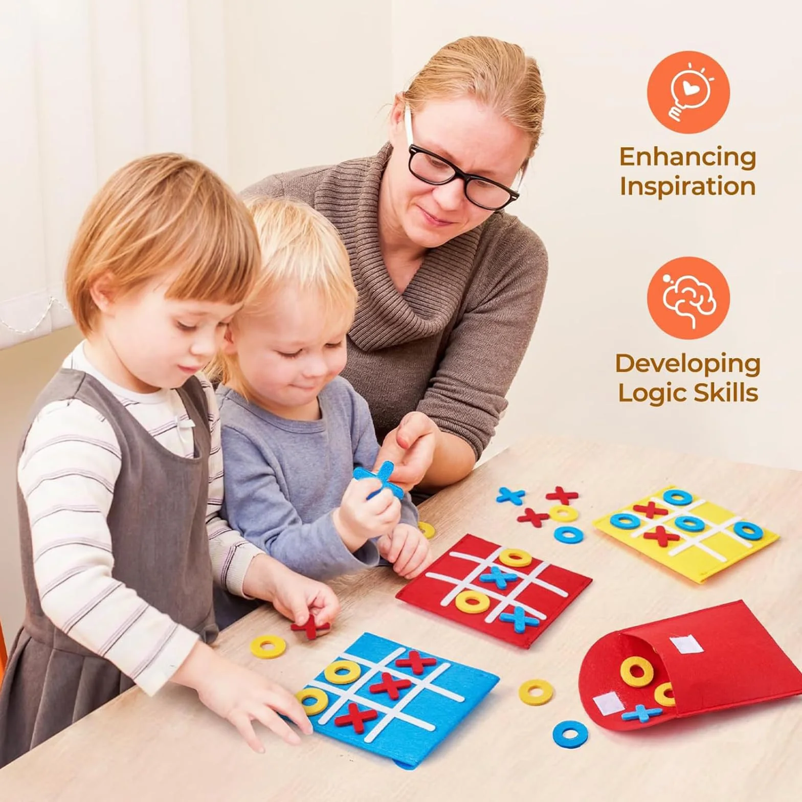 6 Pezzi Giochi Tris in Feltro 12x12 cm, Set Tic Tac Toe Portatile per Bambini, Gioco da Viaggio per Feste Compleanno Scuola (Rosso, Giallo, Blu)