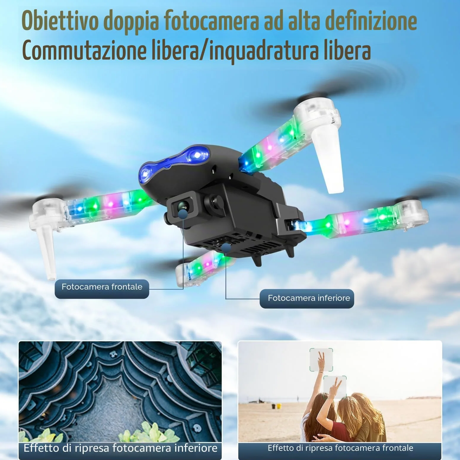 OBEST Drone con Telecamera per Principiante,Mini Drone Professionale con Luce LED Colorata,Wifi FPV Pieghevole RC Quadcopter,Capovolgimento 3D,Atterraggio e Volo con un Clic