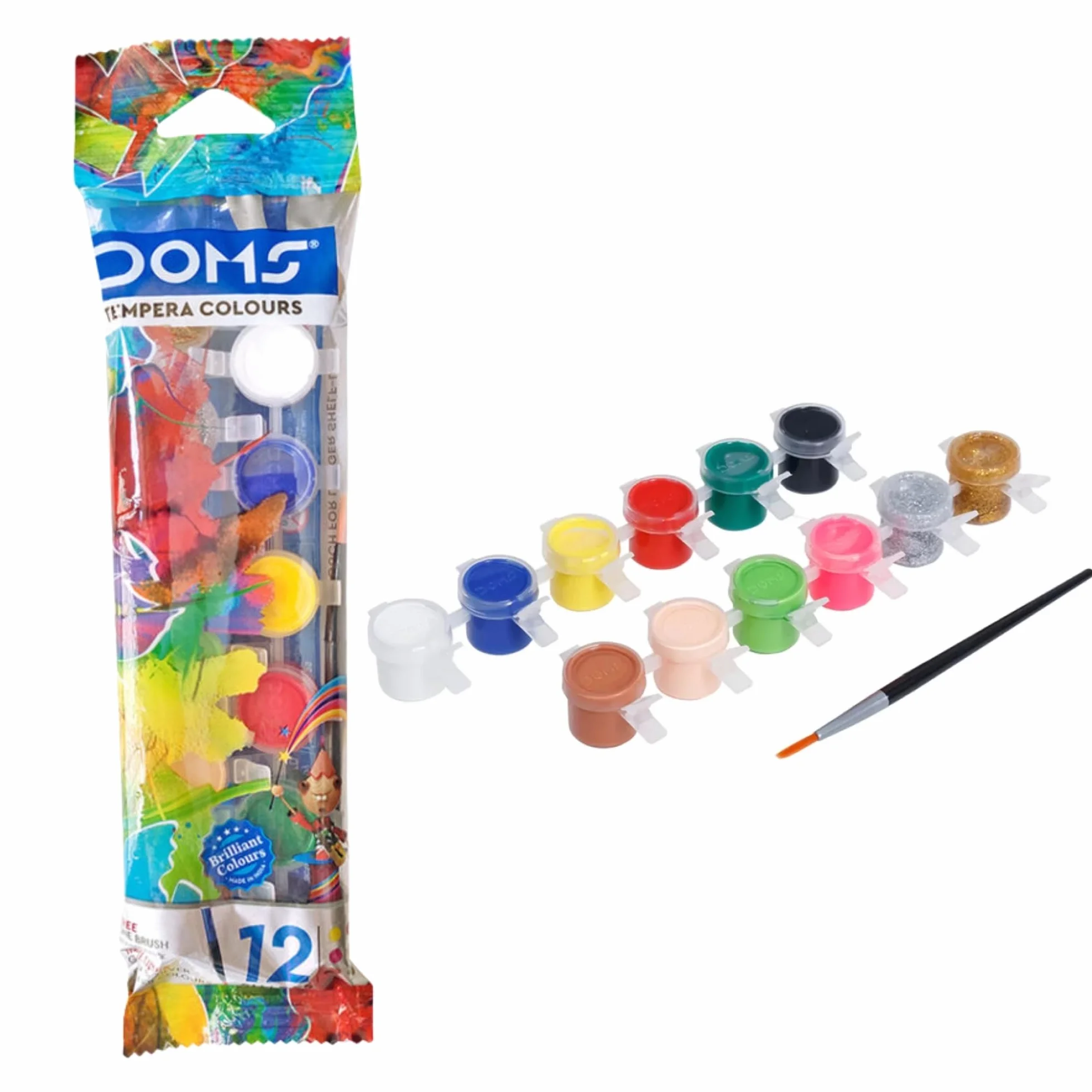 Doms Set 12 Tempere in Vasetto 3 ml – Colori Assortiti + 1 Pennello incluso, Pittura per Bambini e Scuola