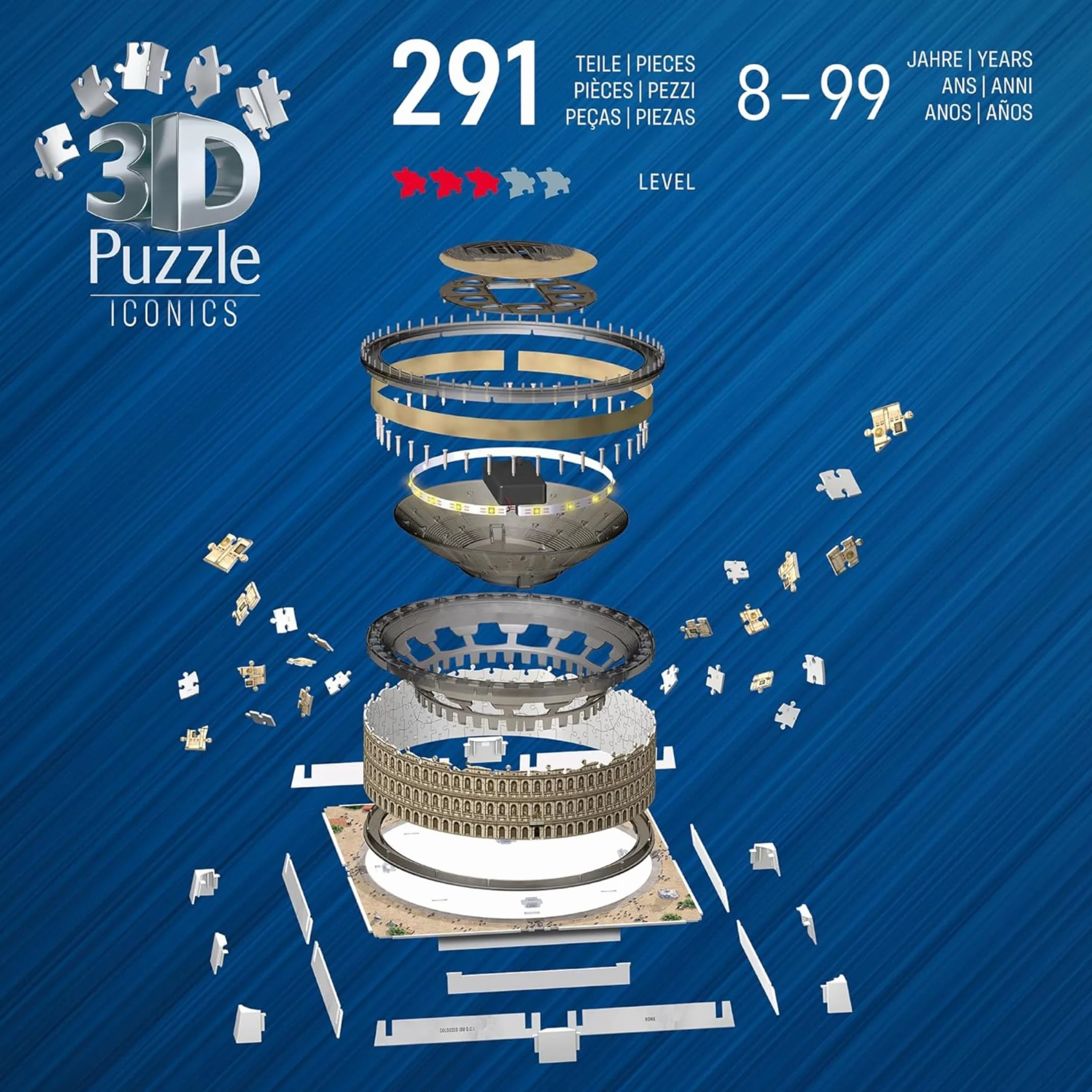 Ravensburger - Puzzle 3d Iconics Colosseo LED | Puzzle 3d Per Adulti E Bambini 8 Anni | Modellismo Da Costruire Adulti Di 216 Pezzi | Regalo Bambino 8 Anni E Più | Idee Regalo