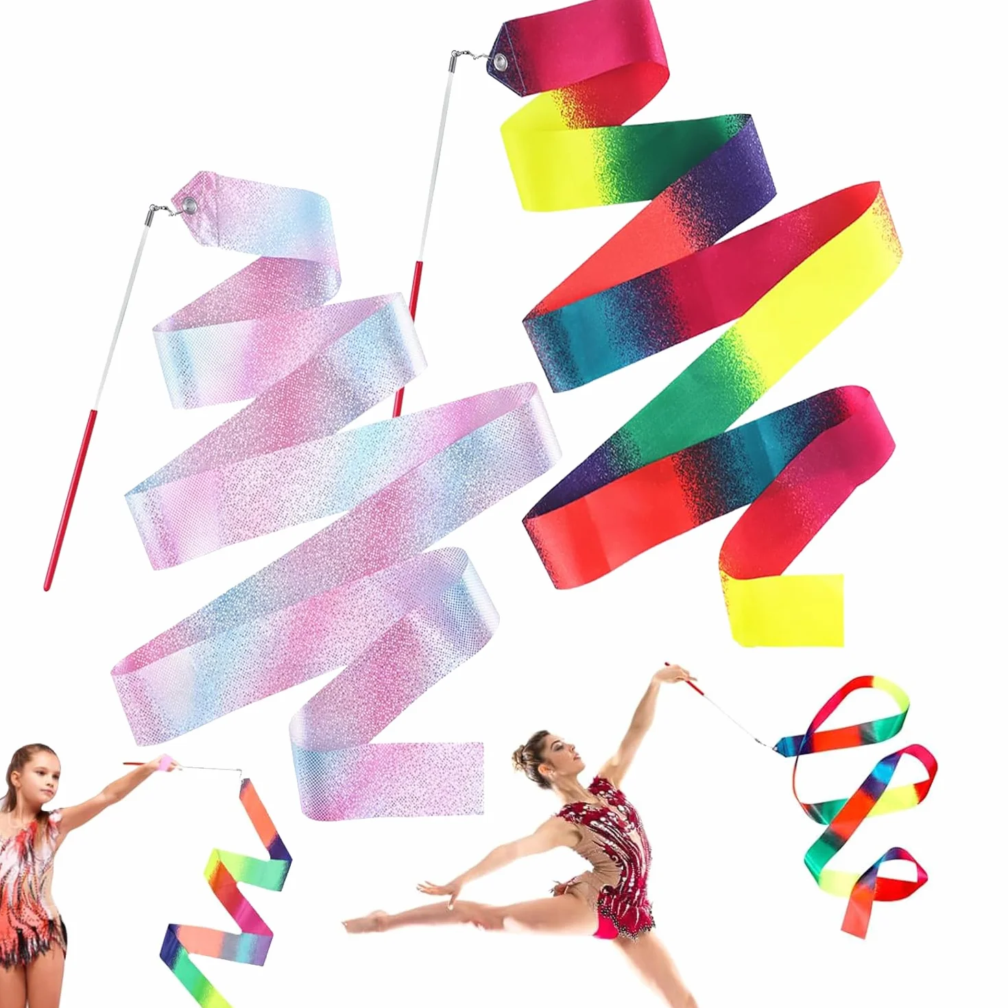 2 pezzi nastro da ballo da 2 m nastro da ginnastica per bambini arcobaleno e rosa, materiale da ginnastica, bacchetta per l'allenamento della danza artistica