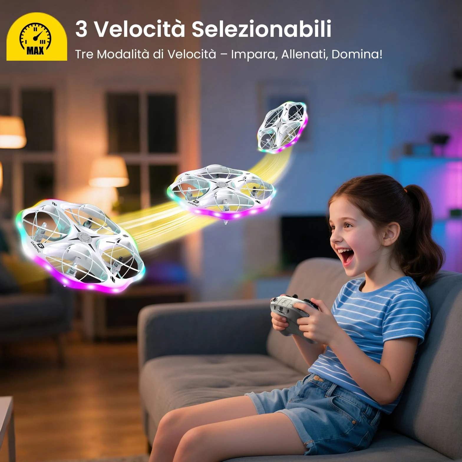 DEERC D13 Mini Drone per Bambini con 3 Batterie, Evitamento Ostacoli e LED | Mini UFO Facile da Usare con 6 Modalità LED, Lancio a Mano, Flip 3D, Regalo per Bambini 6-12 Anni