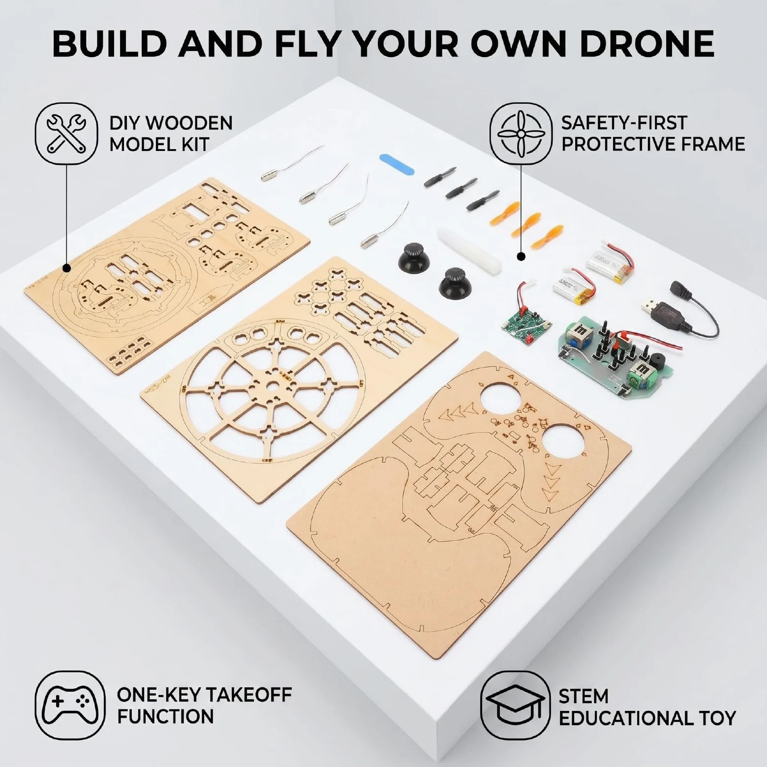 Annadue Kit di Costruzione Drone in Legno Fai da Te Puzzle 3D STEM RC Quadcopter con una Chiave di Decollo 3 velocità e Arresto di Emergenza Giocattolo Scientifico Educativo per Bambini