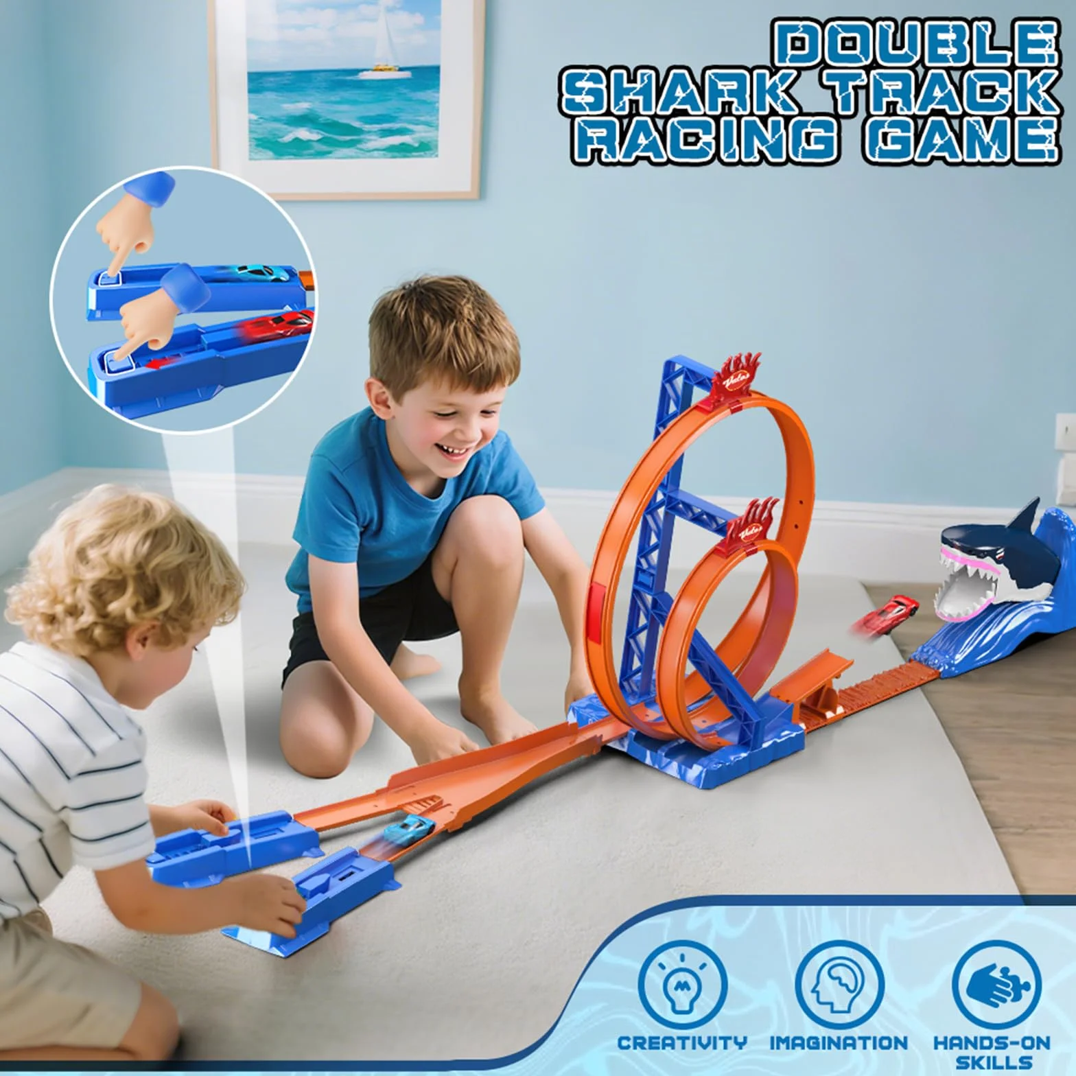 Vatos Circuito di Corsa Squalo per Bambini con 2 Auto da Corsa e 2 Fibbie, Circuito di Cascate Catapulta Squalo, Giocattolo Regalo per Ragazzi 3, 4, 5, 6, 7, 8 Anni