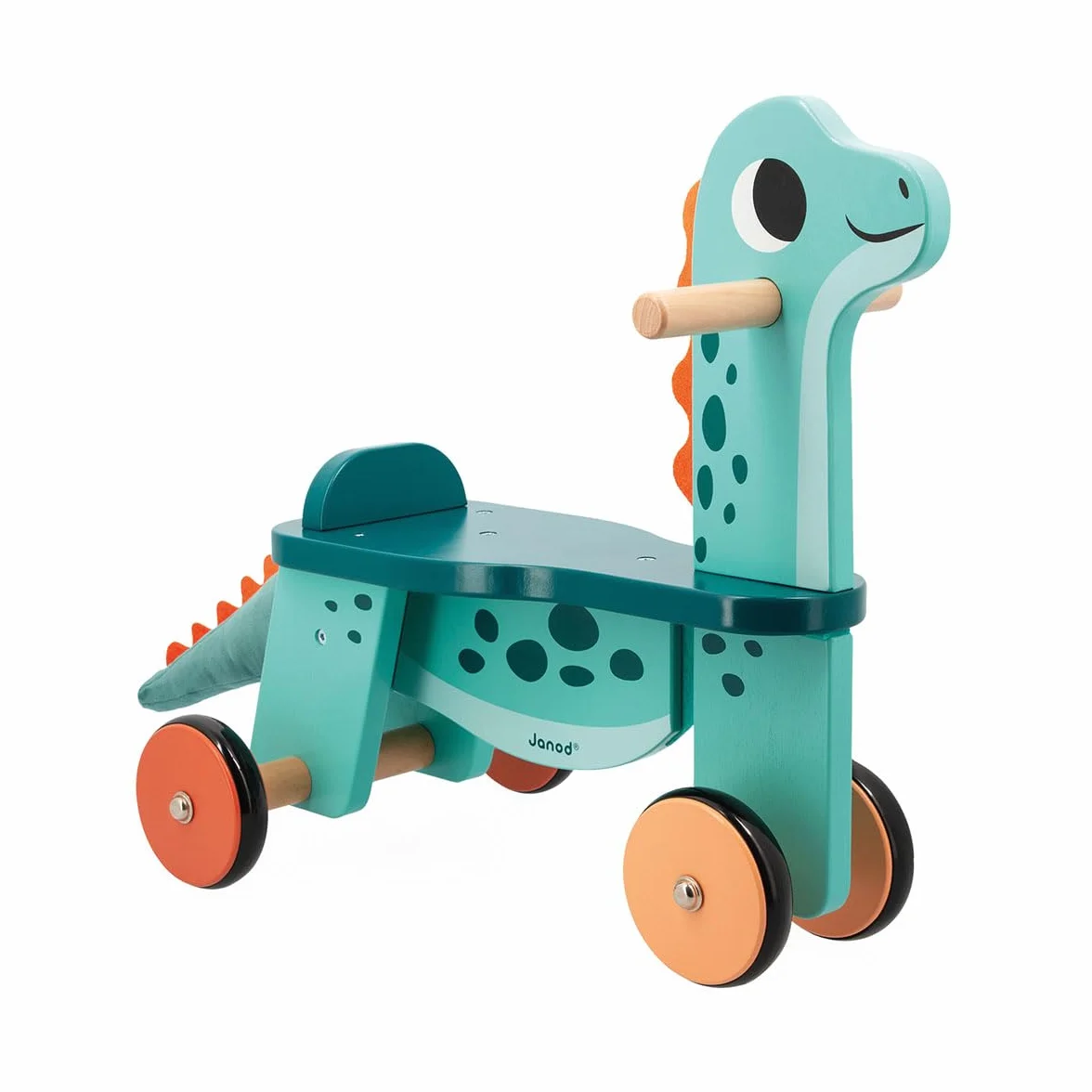 Janod Cavalcabile Dinosauro Portosauro Altezza Sedile 21 cm Coda Peluche Removibile Giocattolo Multisensoriale Legno FSC dai 12 Mesi