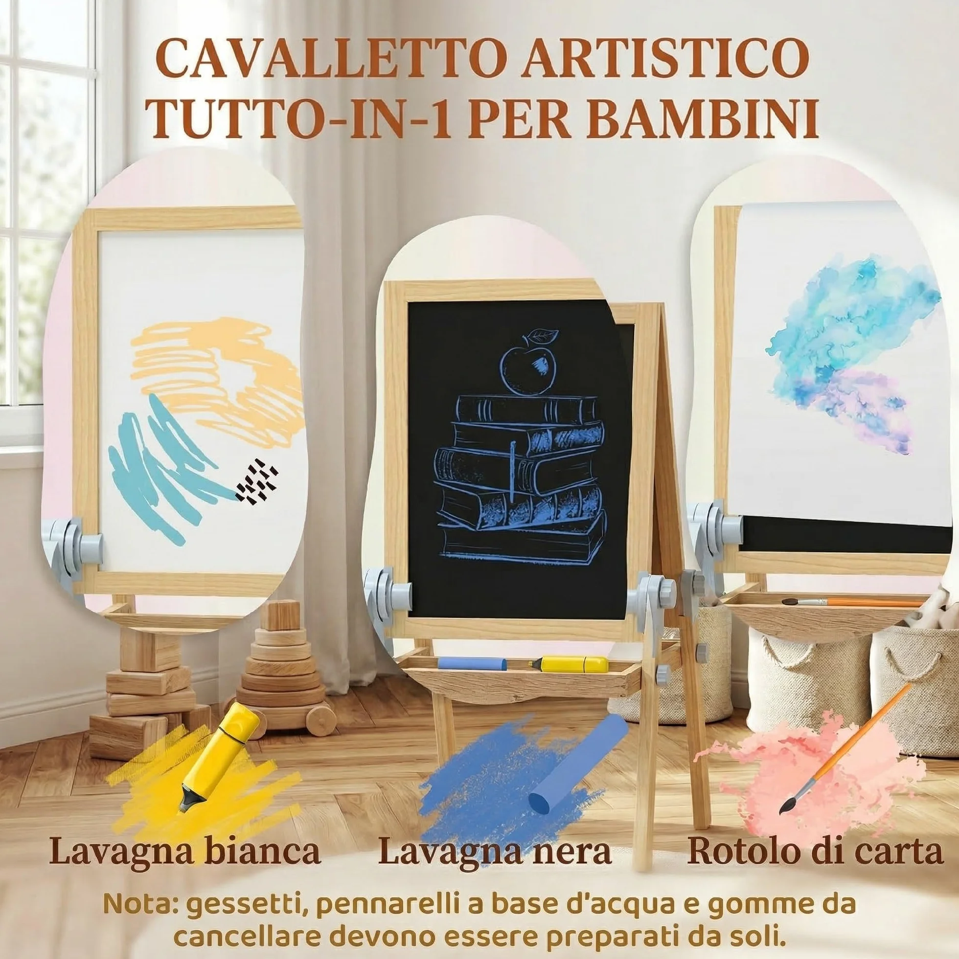 AIYAPLAY Cavalletto da Disegno per Bambini con Lavagna Doppia Magnetica, Vassoio Portamatite, Rotolo Carta Incluso, Legno Naturale
