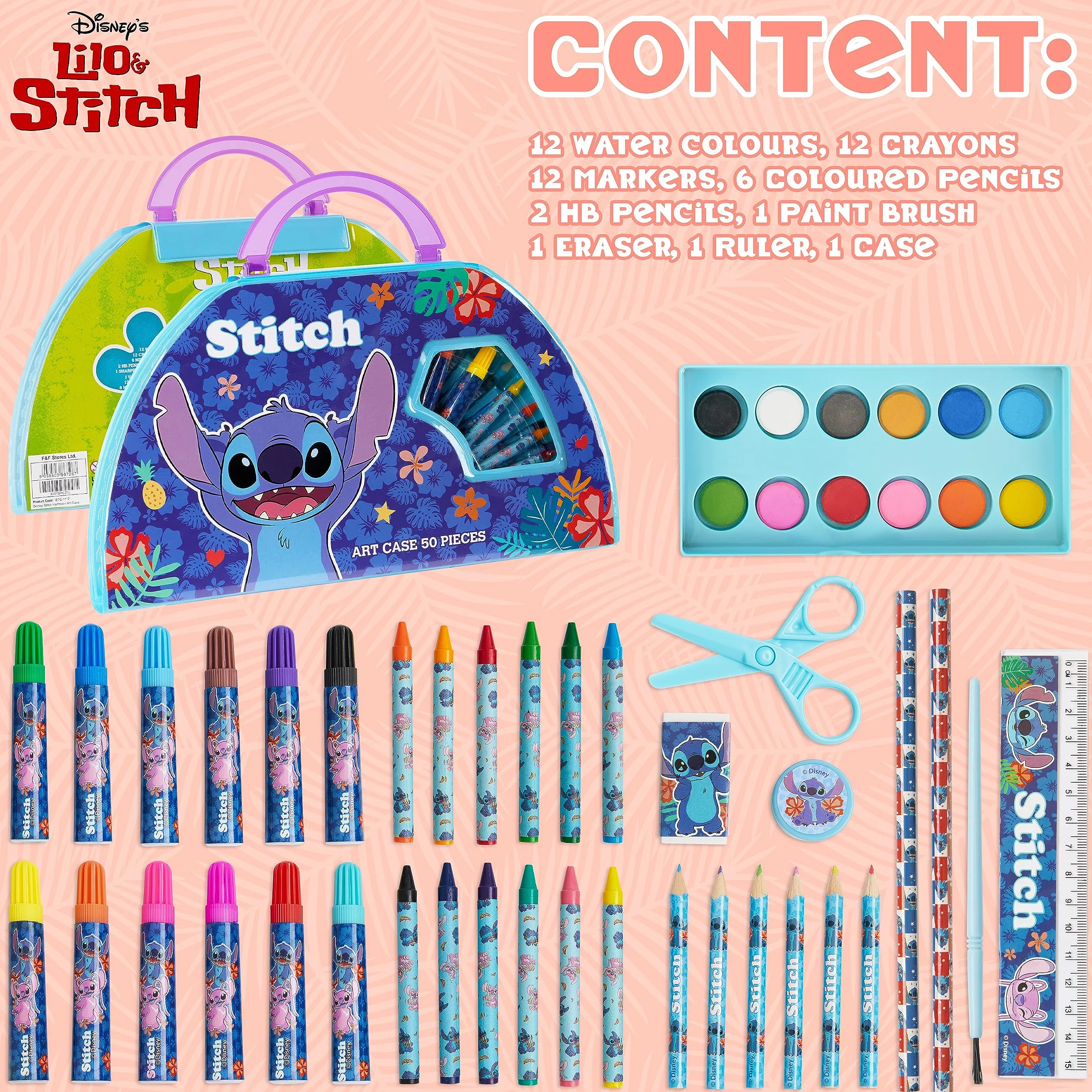 Disney Valigetta Colori per Bambini Set per Disegnare e Dipingere Deluxe Principesse Stitch (Blu)
