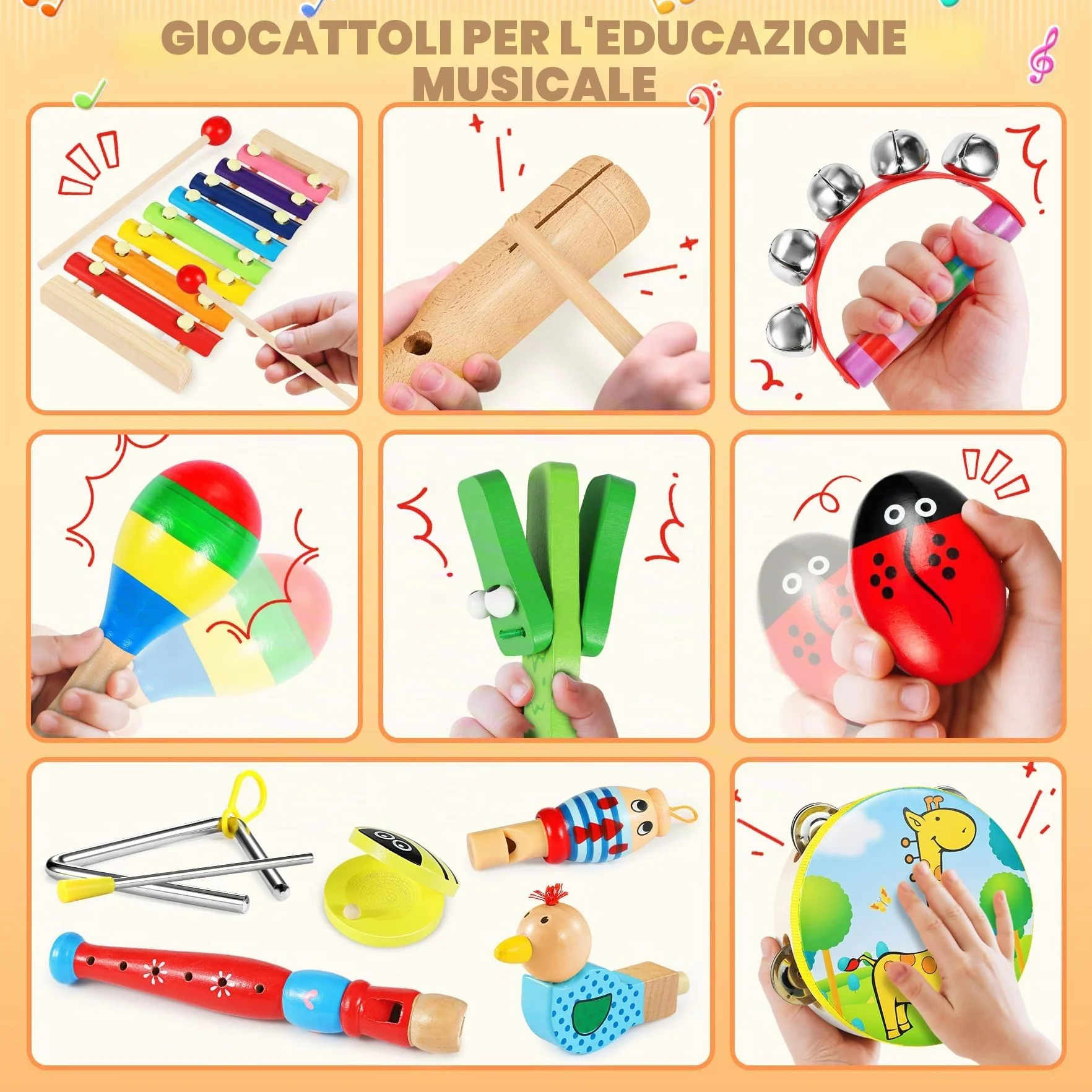 Strumenti Musicali, 24 Pezzi Percussioni con Borsa, Tamburo Perline Oceaniche, Compleanni Musicali, Creativi ed Educativi e Regali di Natale per Bambini 3+
