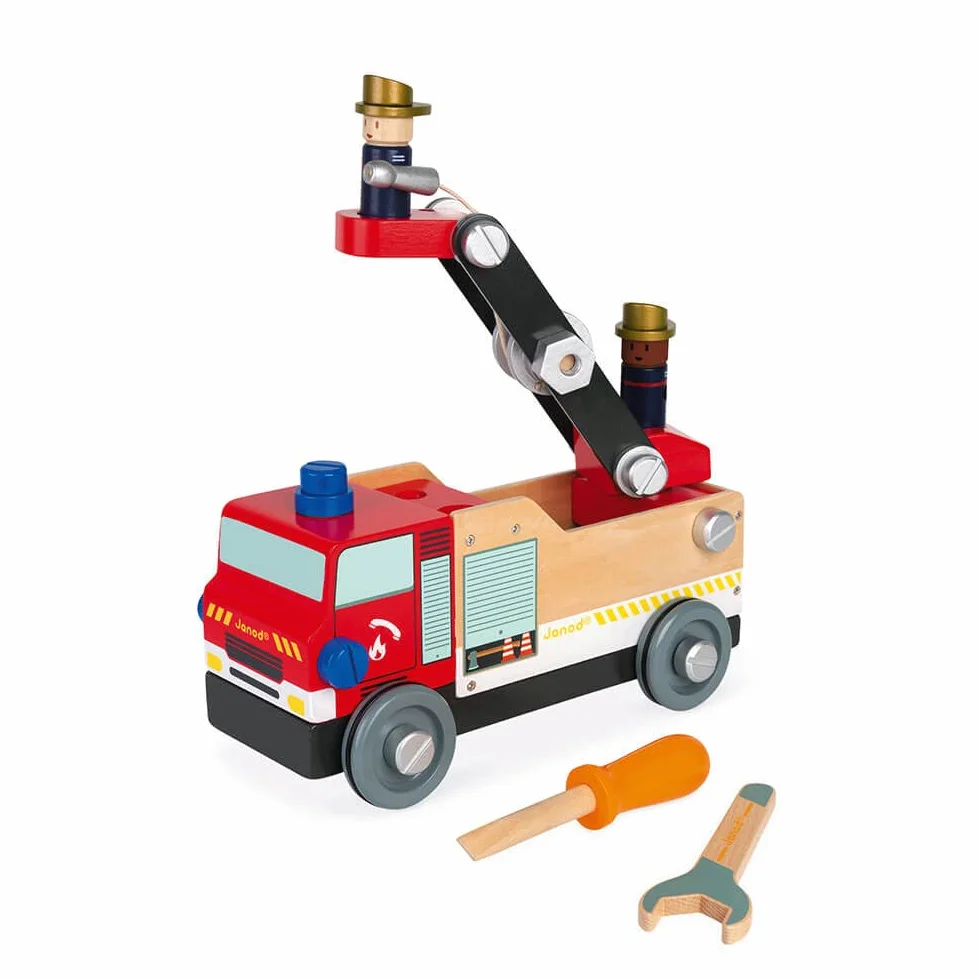 Janod - Il Mio Primo Gioco di Costruzione - Camion dei Pompieri in Legno FSC - 45 Pezzi - Facile da Assemblare - Dai 3 Anni - J06469