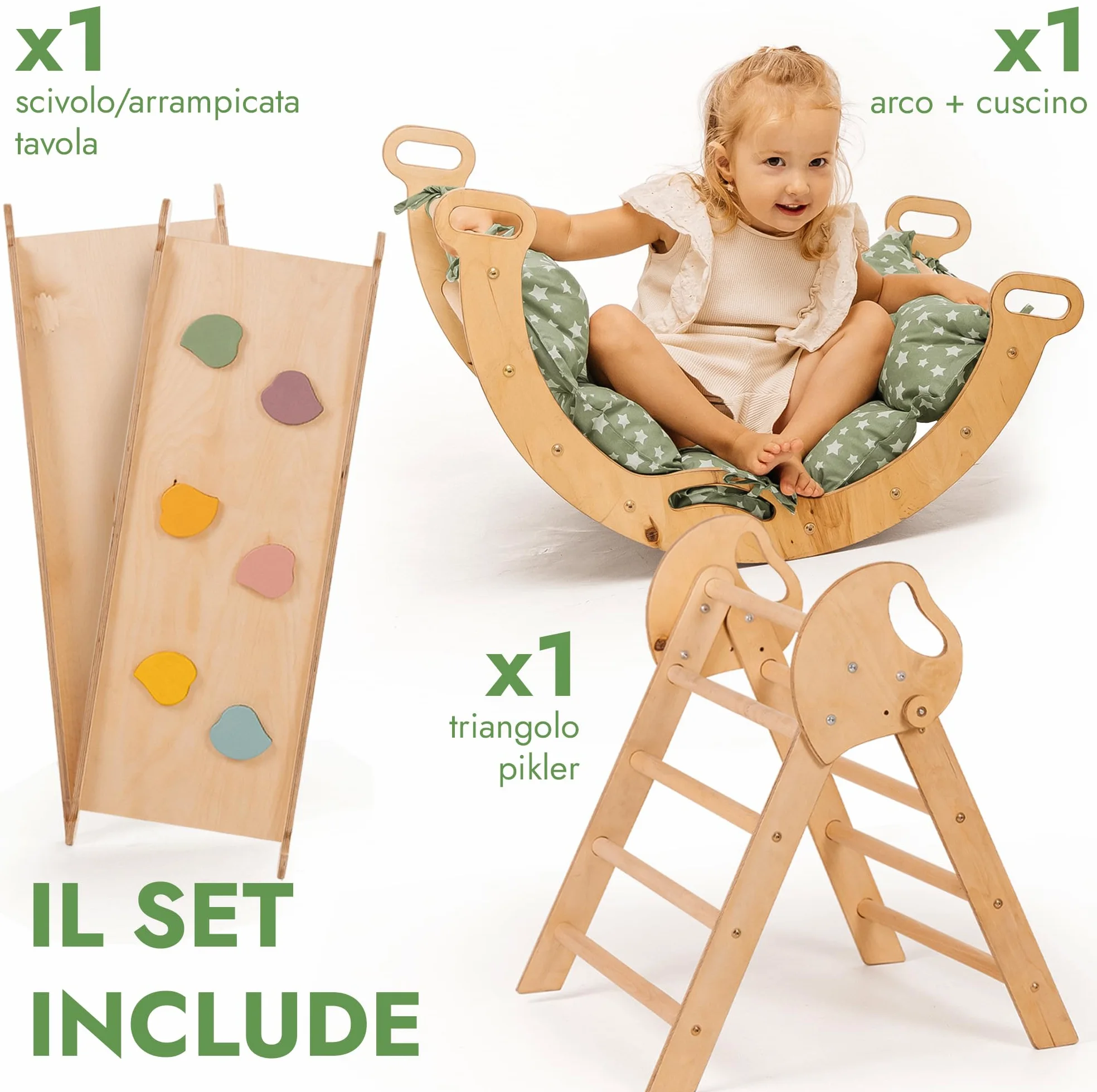 Goodevas Montessori 5 in 1 - Set da Arrampicata in Legno per Interni, con Cuscino Verde e Scivolo per Bambini, Parco Giochi da 1 a 3 Anni, Beige