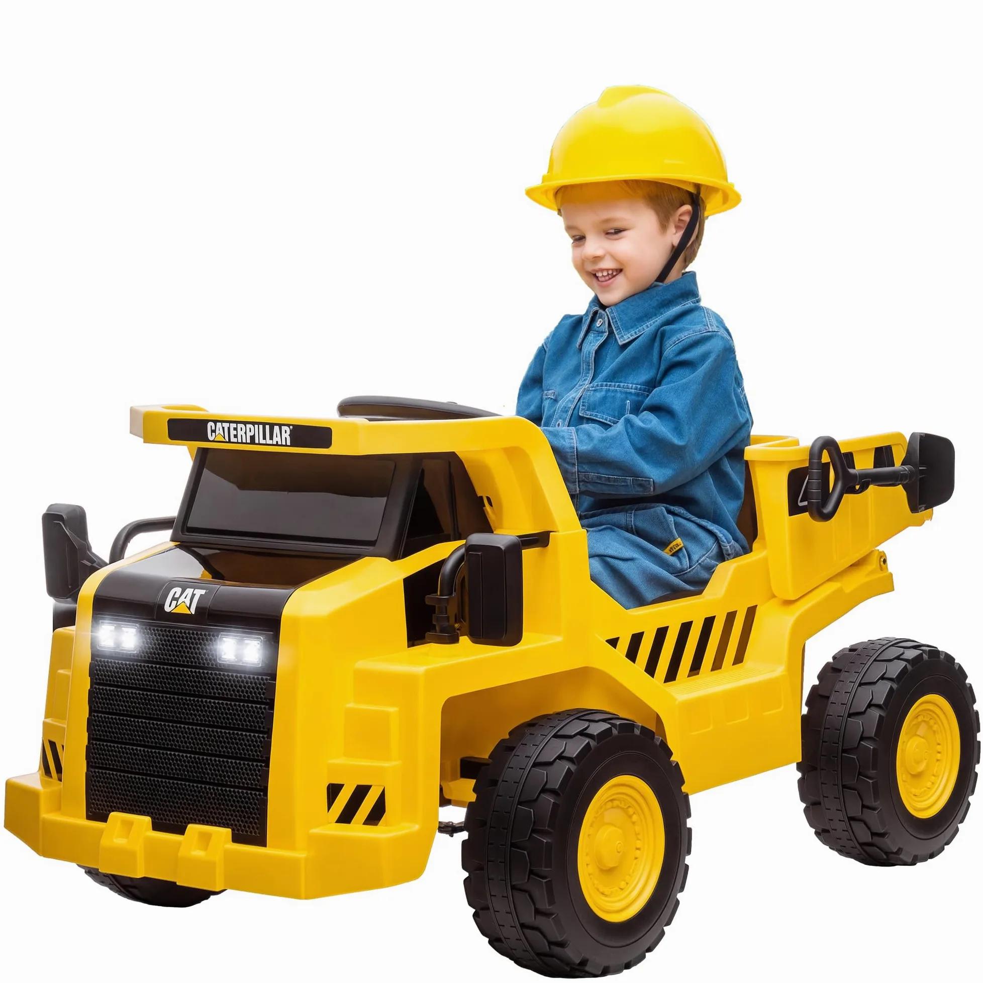 AIYAPLAY 12V Camion Giocattolo Licenza Caterpillar con Musica Giallo | Macchina Elettrica per Bambini, Telecomando, Fari, Secchio e Pala, Escavatore in PP e Metallo