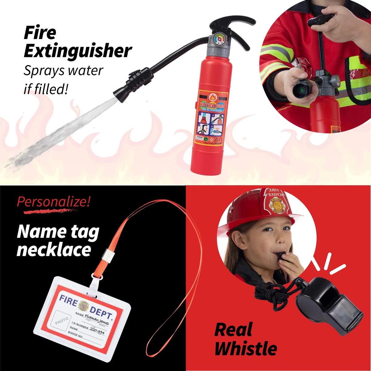 Born Toys Giocattoli Nati (Costume da Pompiere Lavabile Premium 8 PC e Accessori per Vigili del Fuoco con estintore ad Acqua Reale Ottimo per Halloween