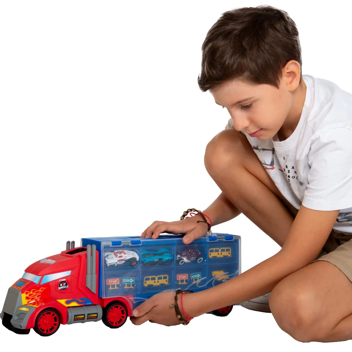 ODS 42034 Hot Wheels Transporter 50, Valigetta Bisarca con 4 Auto Originali, blu