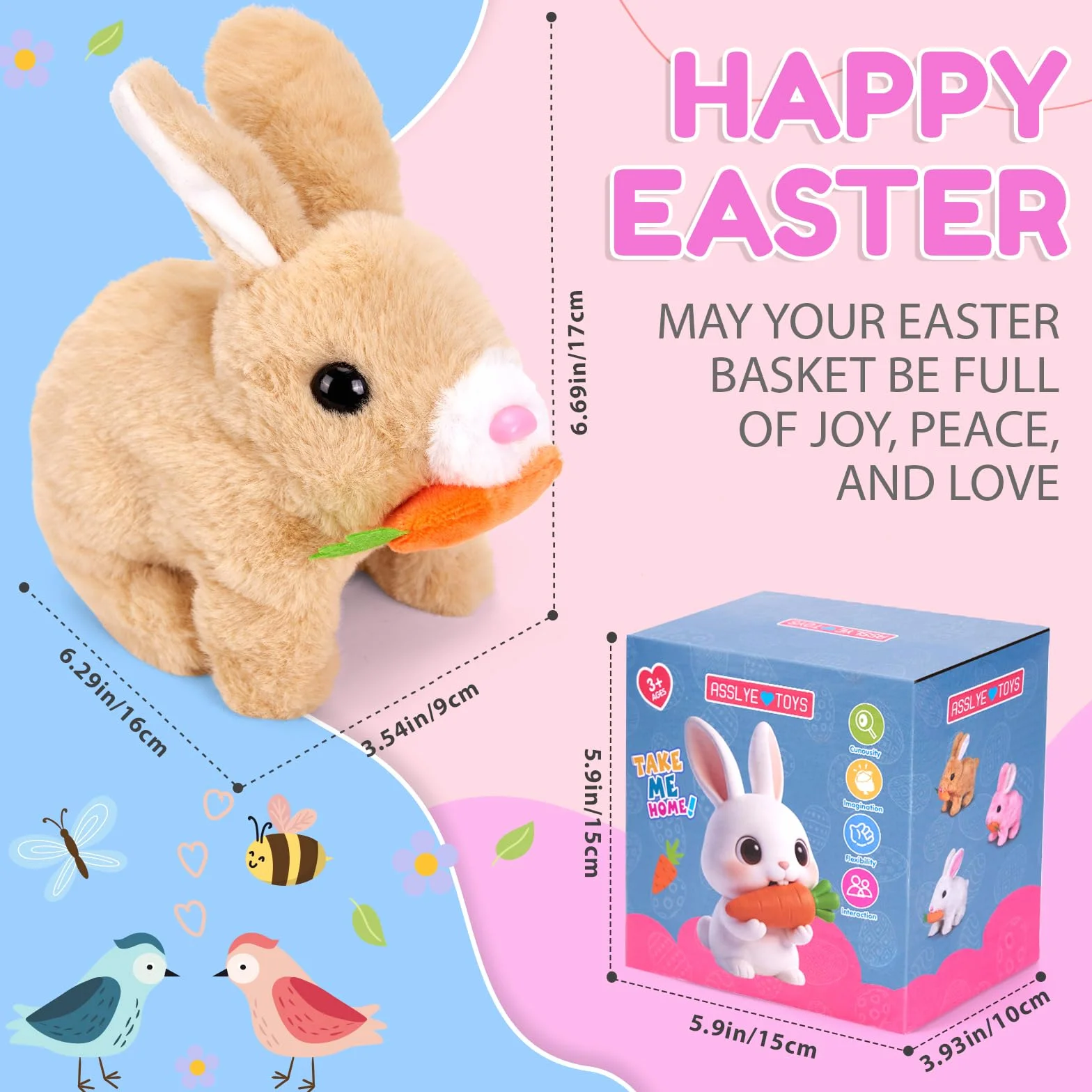 Giocattoli interattivi, coniglio che salta, coniglio di peluche piccoli, suoni e orecchie e naso si muovono, coniglietto di peluche per regali di Pasqua (marrone chiaro + confezione regalo)