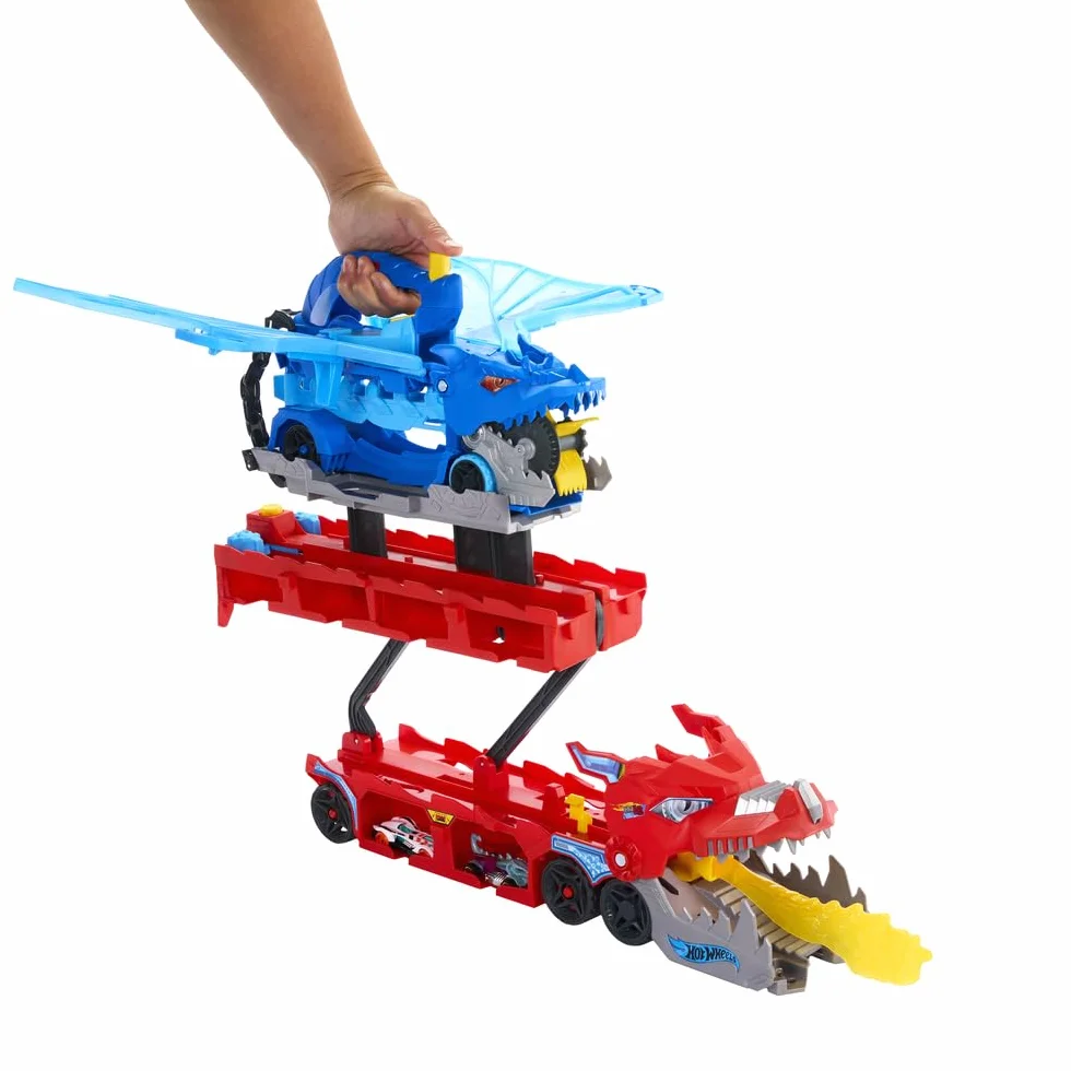 Hot Wheels City Drago Trasportatore Trasformabile e 2 macchinine Die-Cast, Drago di Grandi Dimensioni e Drago Rimovibile, può Contenere più di 20 Veicoli, JBM72