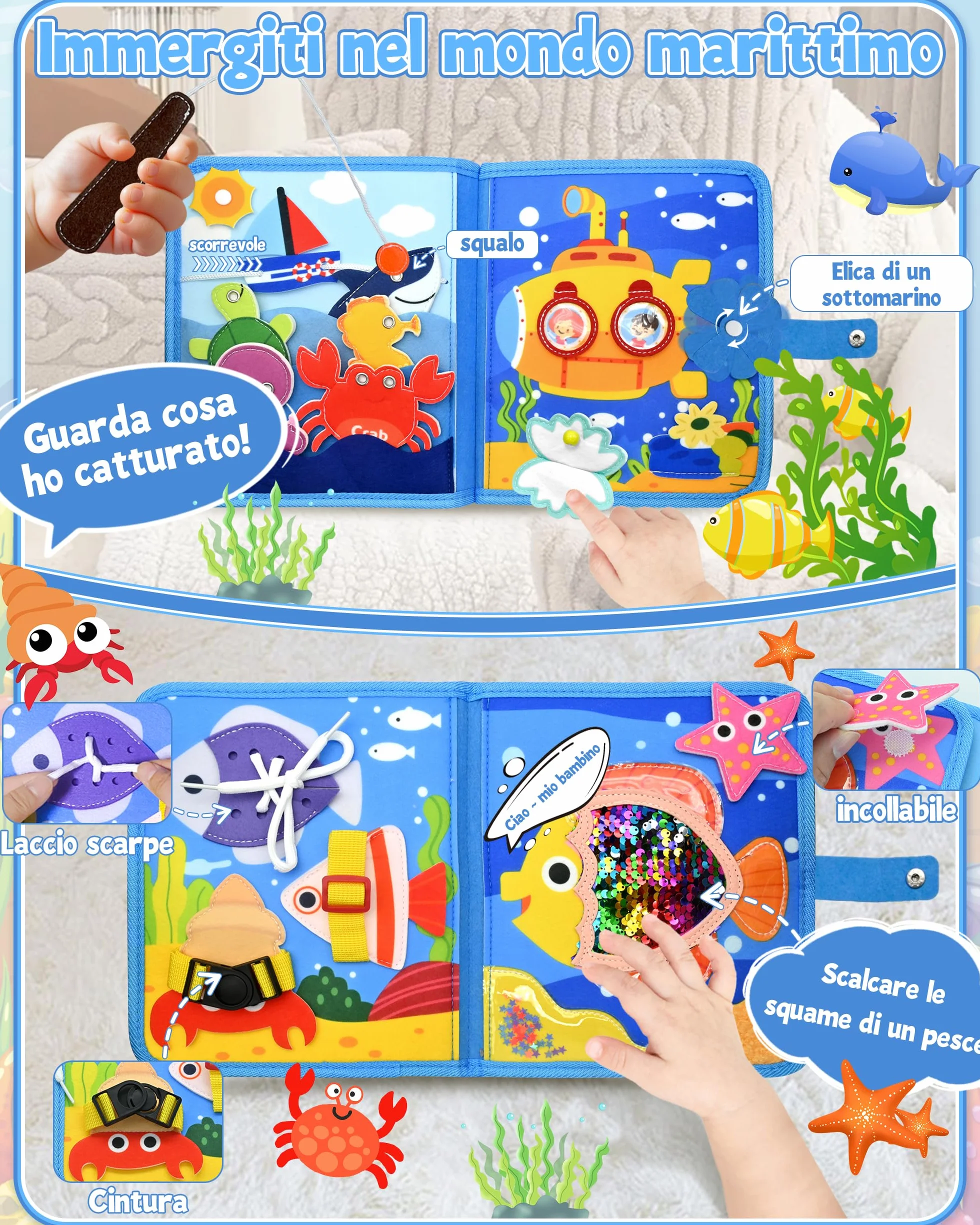 Busy Board Libro Montessori Interattivo 1 Anno, Busy Book Sensoriale Educativo, Giochi Montessori 1-4 Anni, Pannello di Feltro Attività, Valigetta Montessori Bambini (Oceano)