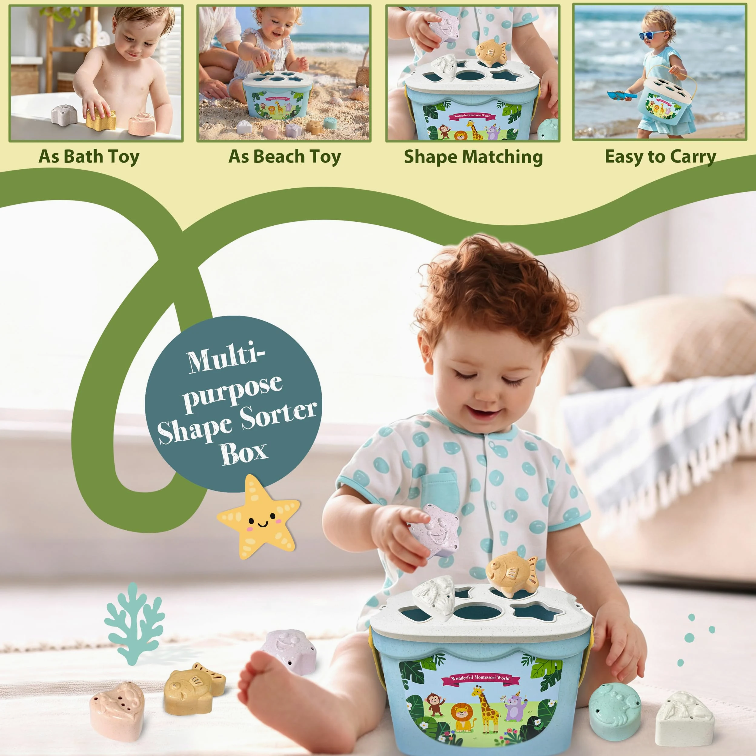 Montessori - Giocattolo per bambini 6 mesi, 6 in 1, giocattolo Montessori per bambini dai 6, 9 e 12 mesi, con scatola per fazzoletti, xilofono, anelli impilabili in legno, giocattolo in