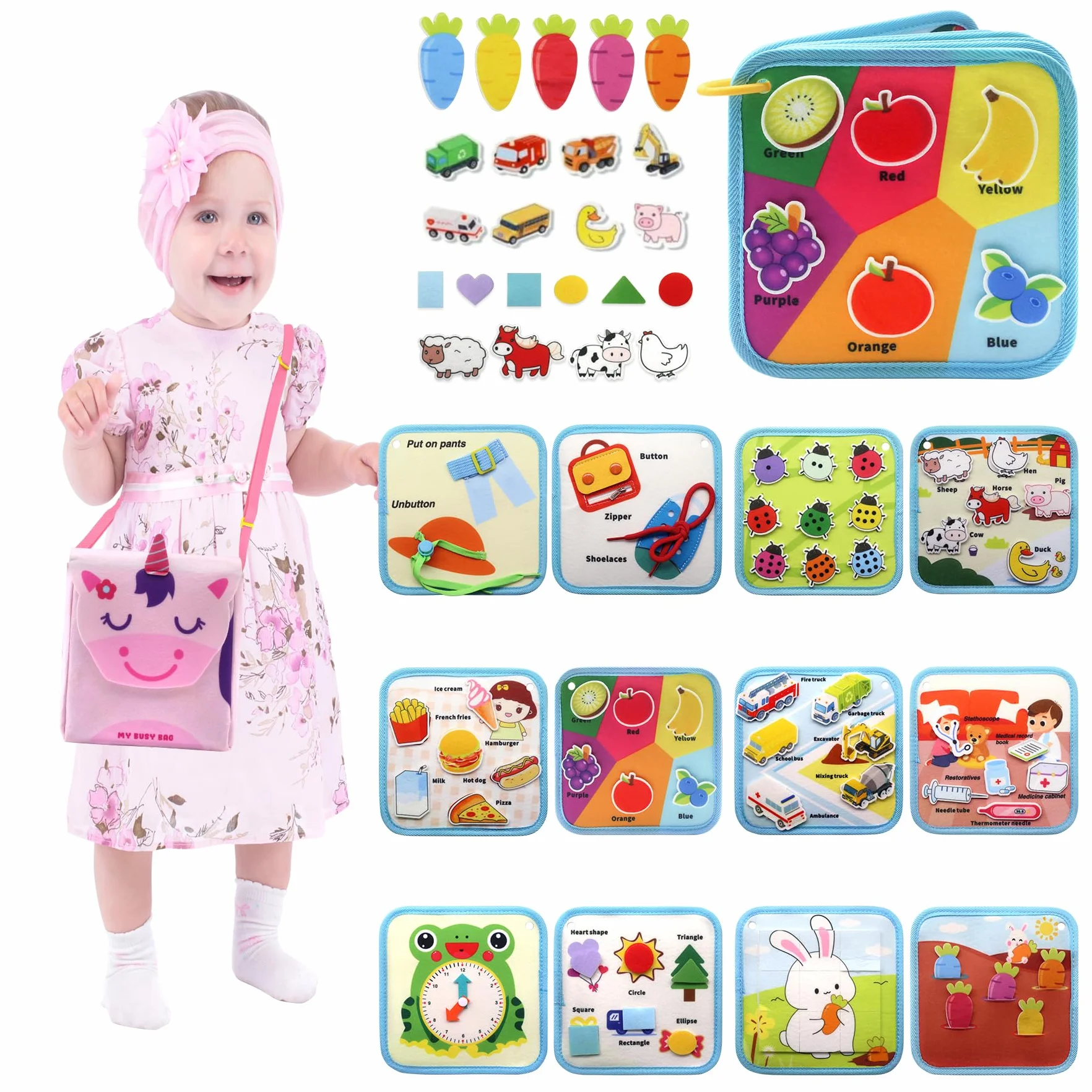 Busy Board Montessori 1 2 3 Anni, 12 in 1 Giochi Bambini Educativi Tabellone Attivitài 1 Anno, Feltro Quiet Book, Pannello Sensoriale Montessori Giocattoli Regalo, Libro Montessori Interattivo