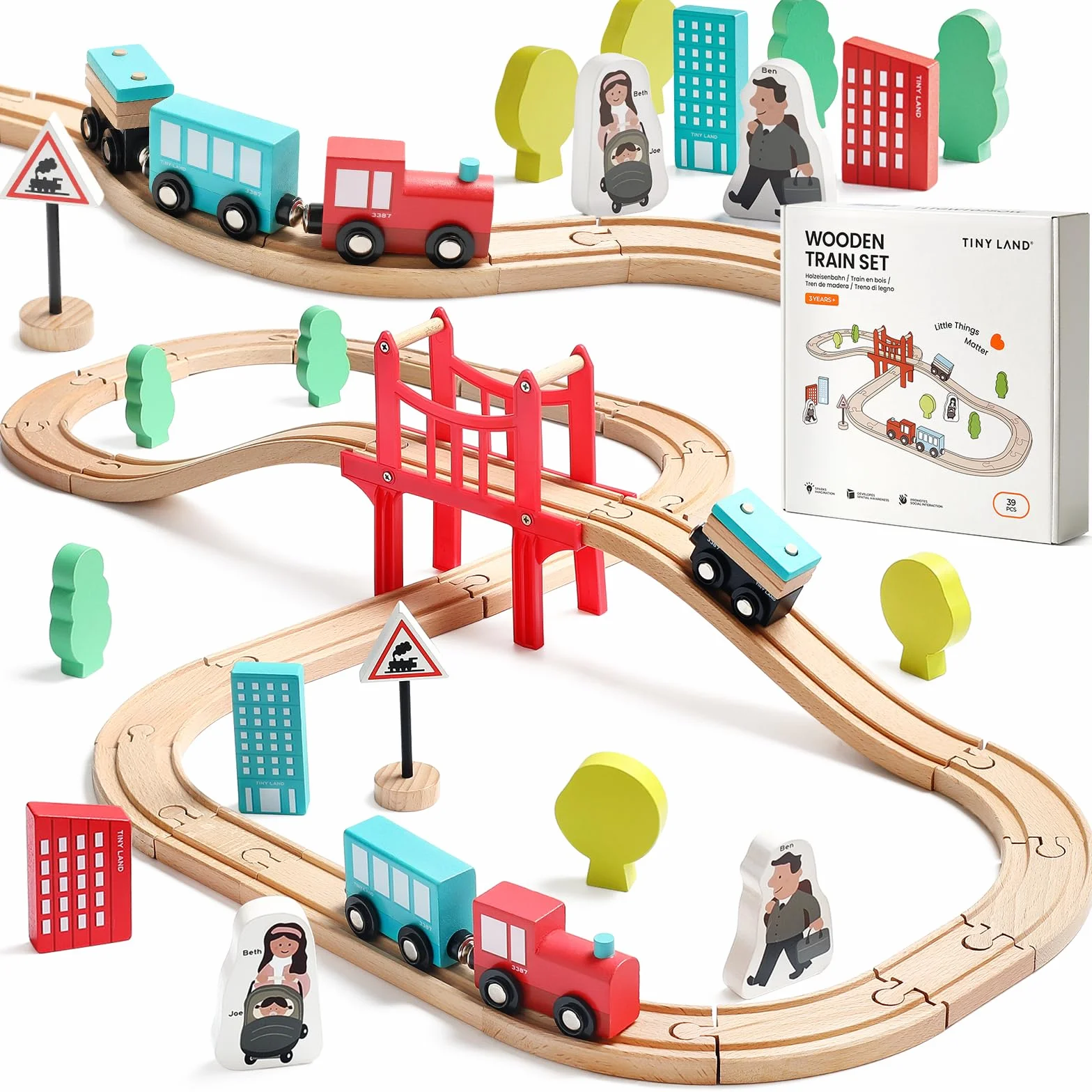 Tiny Land Pista Treno in Legno, Set Ferrovia in Legno (39 pcs) Pista Macchinine giochi legno bambini trenino natale