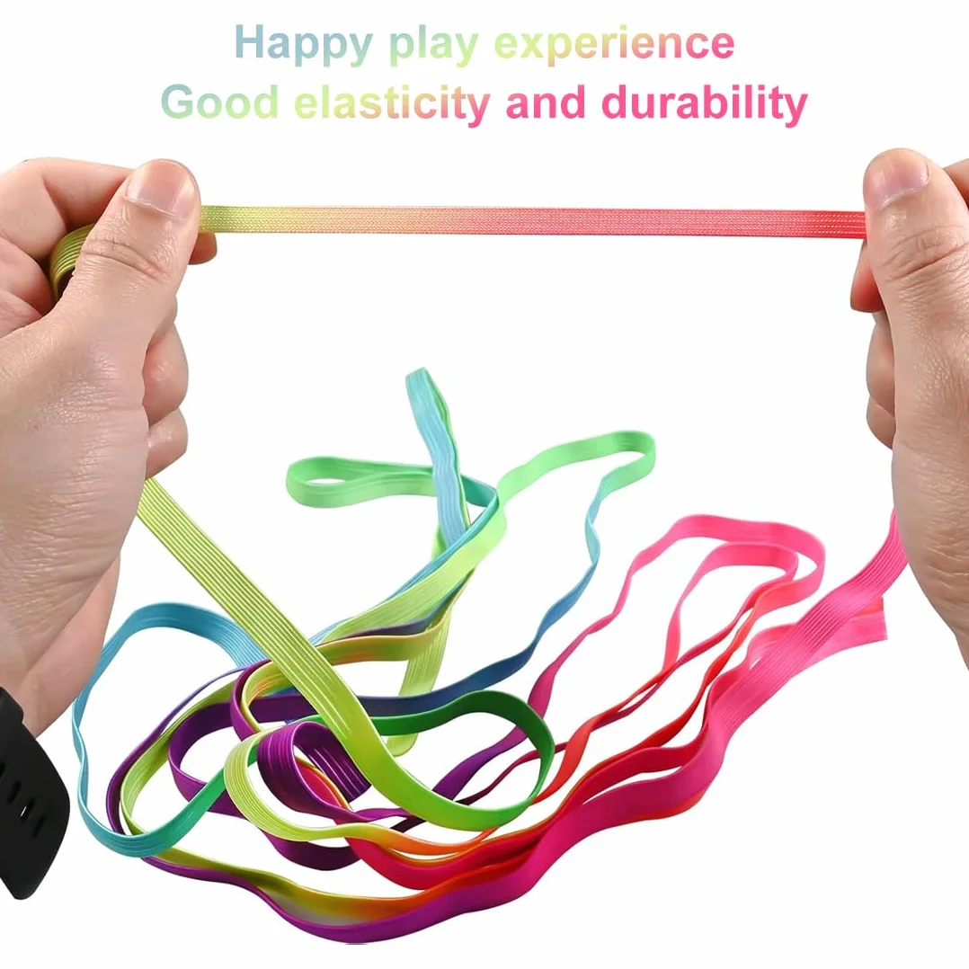 2 pezzi di gomma per bambini con istruzioni per giochi di salto, gomma da saltare, lunghezza 4 m, larghezza 1 cm, nastro arcobaleno, per Bambini Indoor e Outdoor Giochi