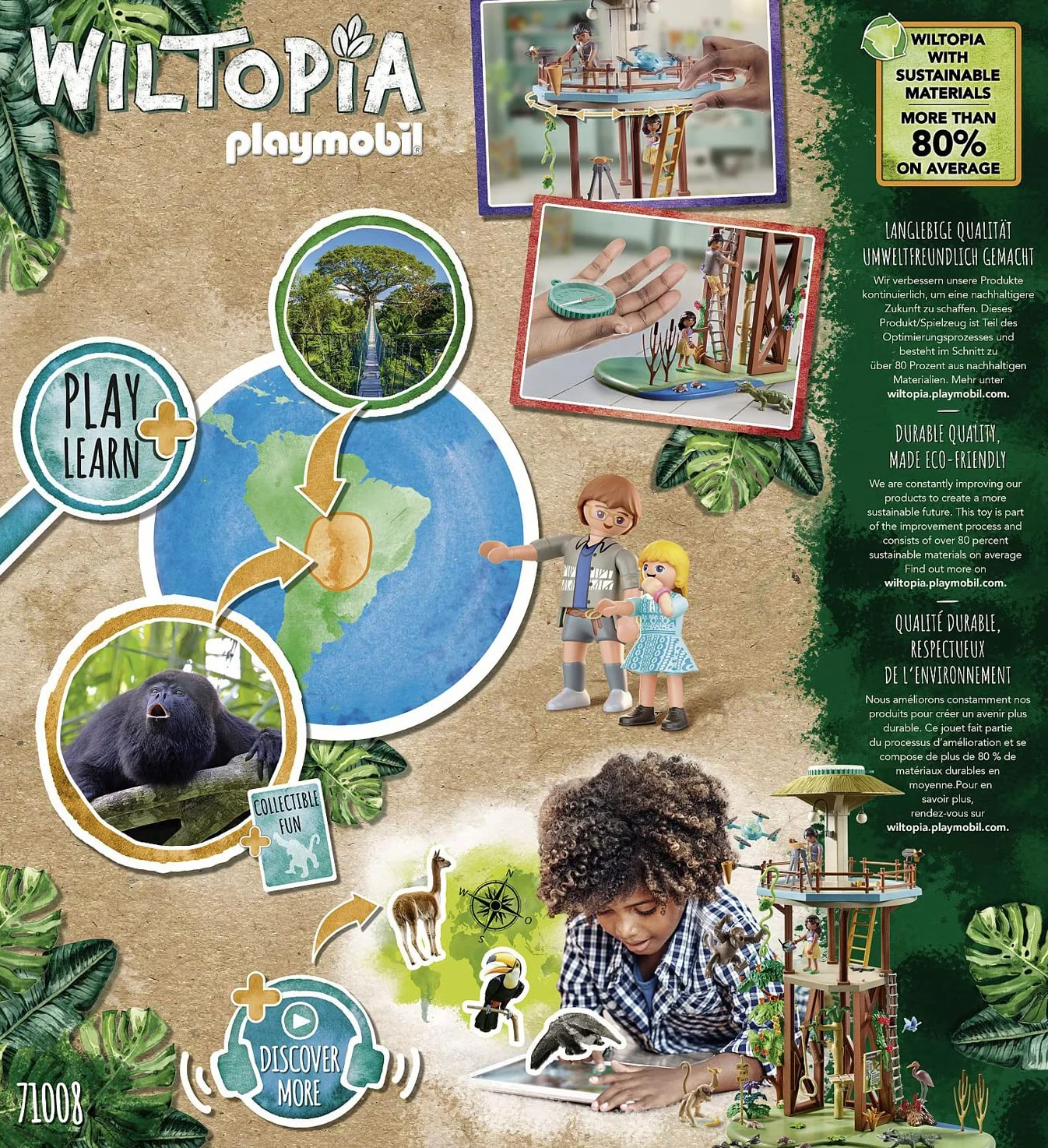 PLAYMOBIL Wiltopia 71008 Centro di osservazione Animali dell'Amazzonia, con Bussola e Animali Giocattolo, Giocattolo Sostenibile per Bambini dai 4 Anni in su
