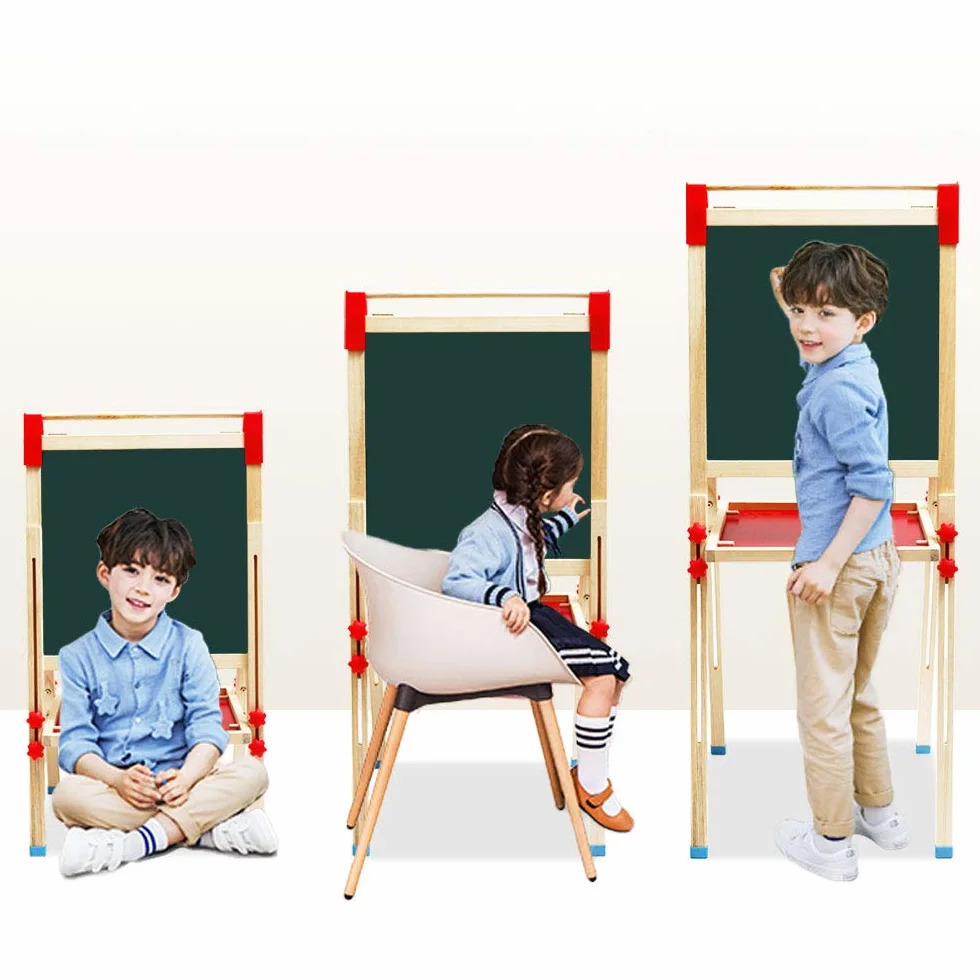 Cavalletto per Bambini 3 in 1 Doppia Faccia Lavagna in Legno con Numeri e Accessori Educativi