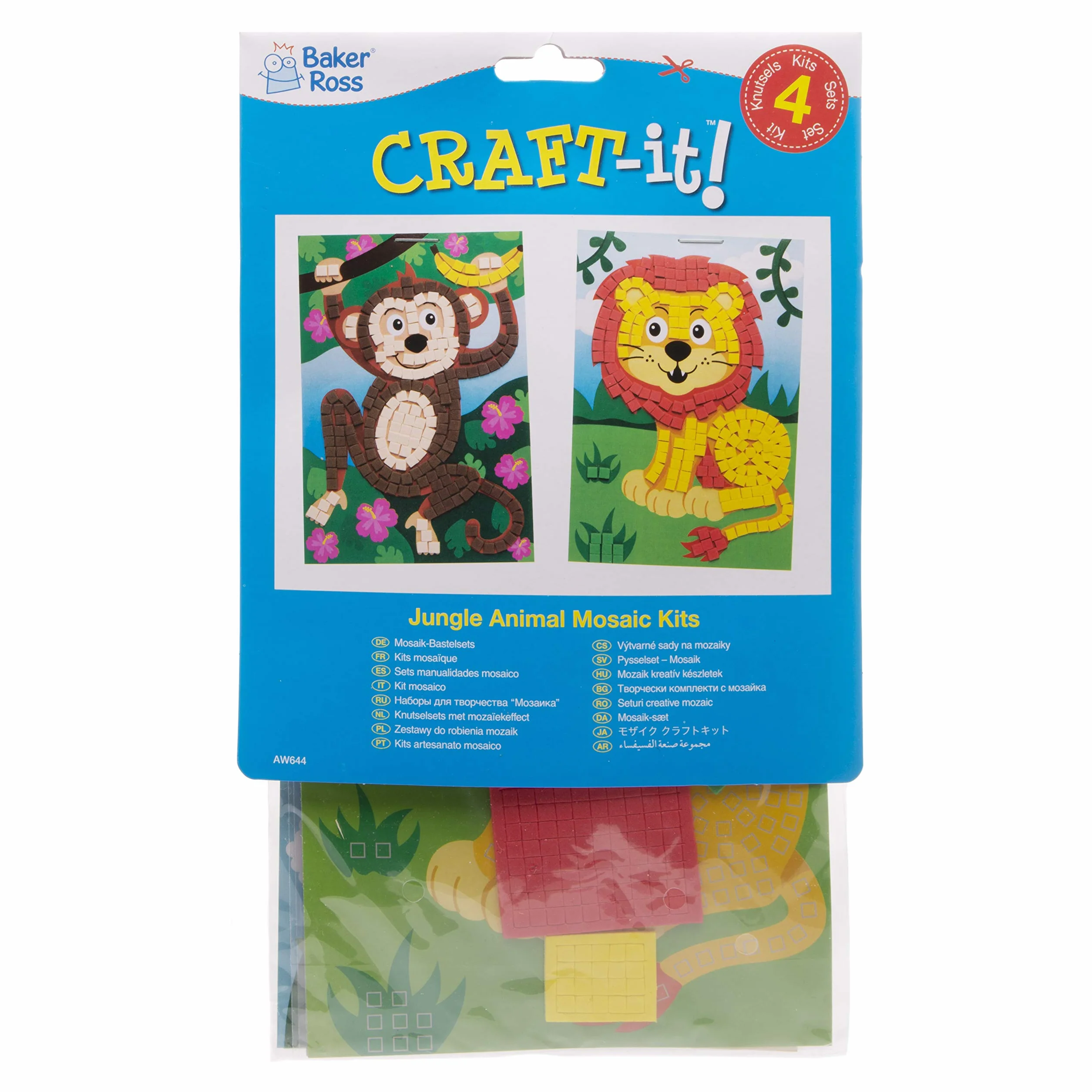 Baker Ross Kit mosaici con animali della giungla (confezione da 4) - Mosaici adesivi per bambini