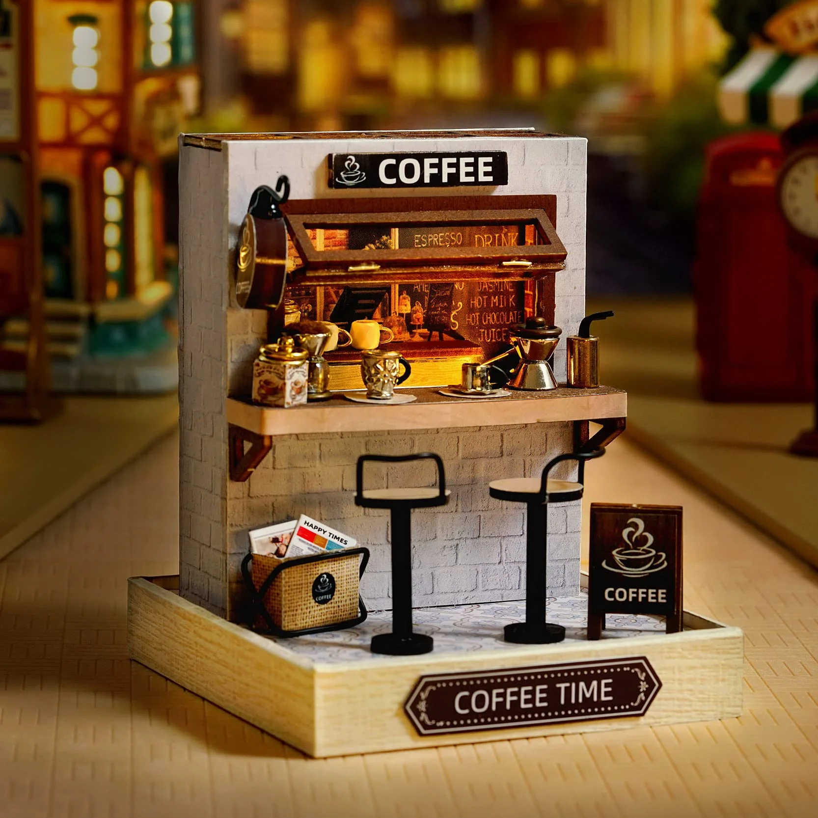 CUTEROOM Miniatura casa delle Bambole con mobili,Fai da Te in Miniatura Casa delle Bambole Kit,Mini 3D Casa in Legno con Luci A LED - Regalo di Compleanno di Natale (Coffee)