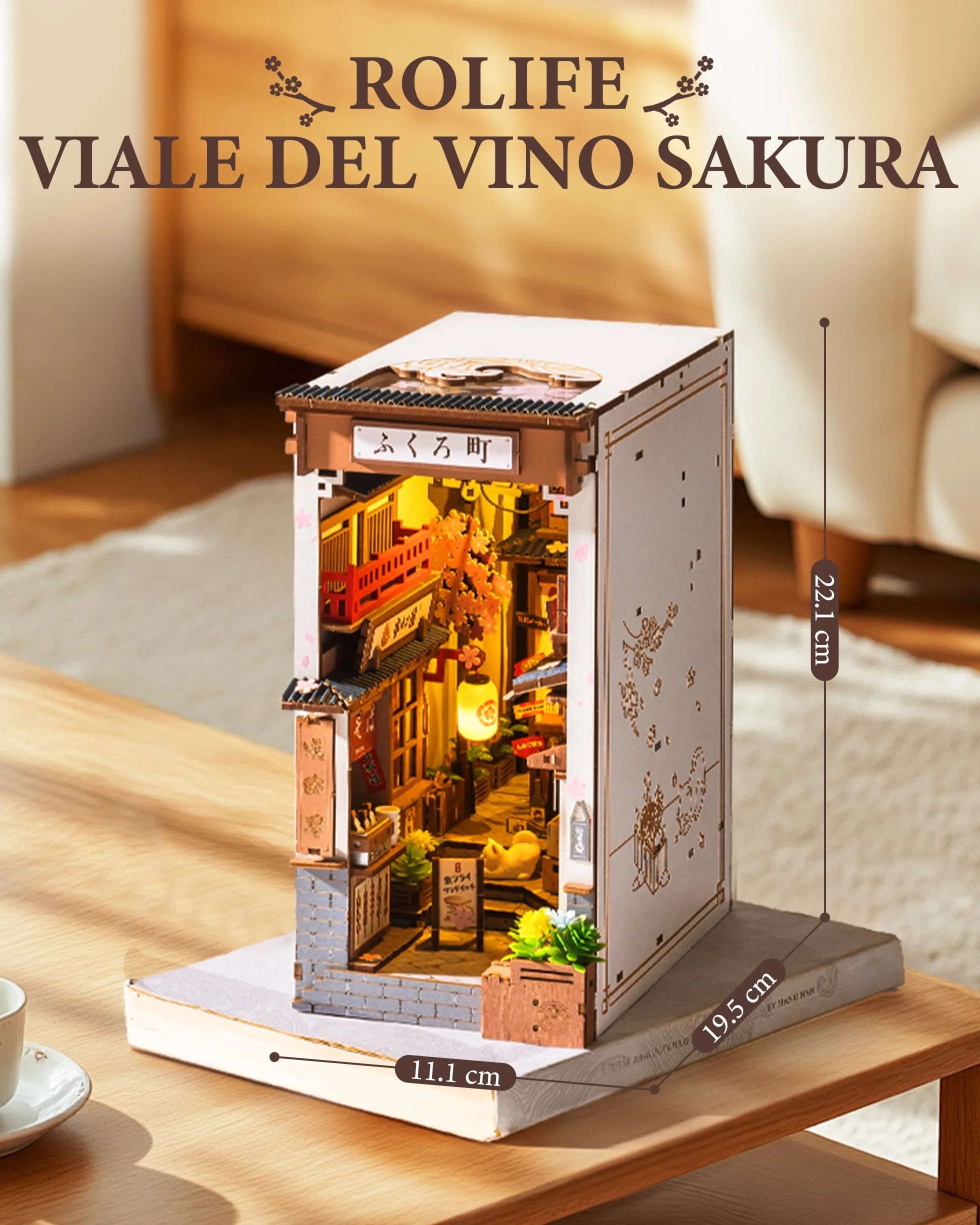 Rolife Book Nook Kit Miniature da Costruire DIY Booknook Sakura Wine Alley 3d Puzzle Legno con Luci Decorazione Libreria Casa Modellismo da Costruire Adulti Diorama Modellismo