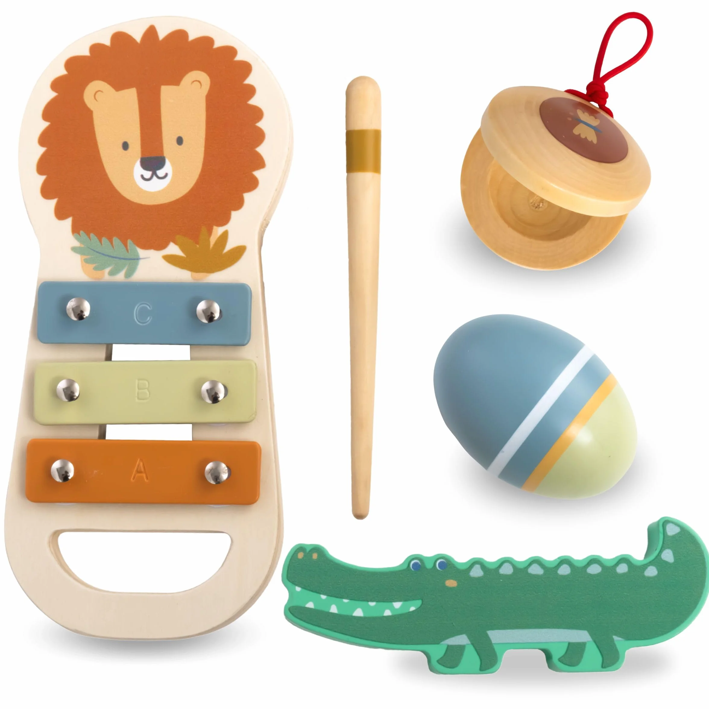 Mamabrum Set Strumenti Musicali Africani - Xilofono, Sonaglio e Nacchere in Legno con Motivi Animali - Gioco Bambino 1 Anno per Sviluppo Sensoriale - Giochi Bambini 1 Anno Educativi Musicali (6 Pezzi)